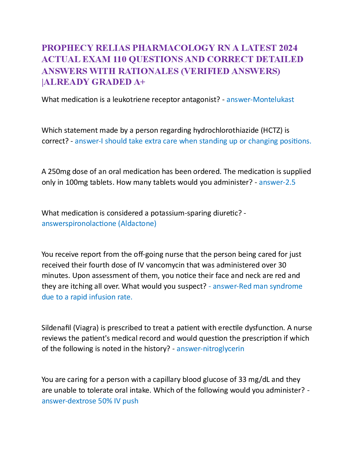 Preview image for PROPHECY RELIAS PHARMACOLOGY RN A LATEST 2024 ACTUAL EXAM 110 QUESTIONS WITH VERIFIED ANSWERS