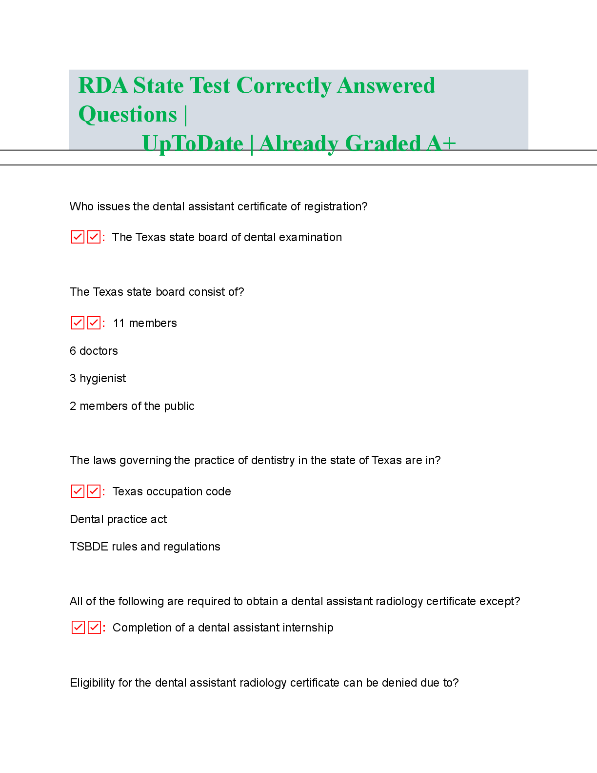 Preview image for RDA State Test Correctly Answered Questions UpToDate Already Graded A+