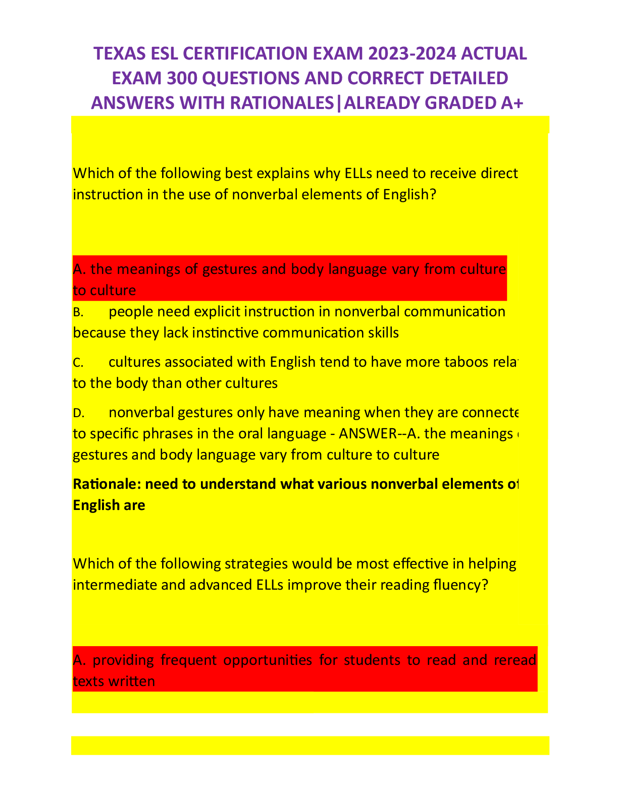 Preview image for TEXAS ESL CERTIFICATION EXAM 2023-2024 ACTUAL EXAM 300 QUESTIONS AND CORRECT DETAILED ANSWERS