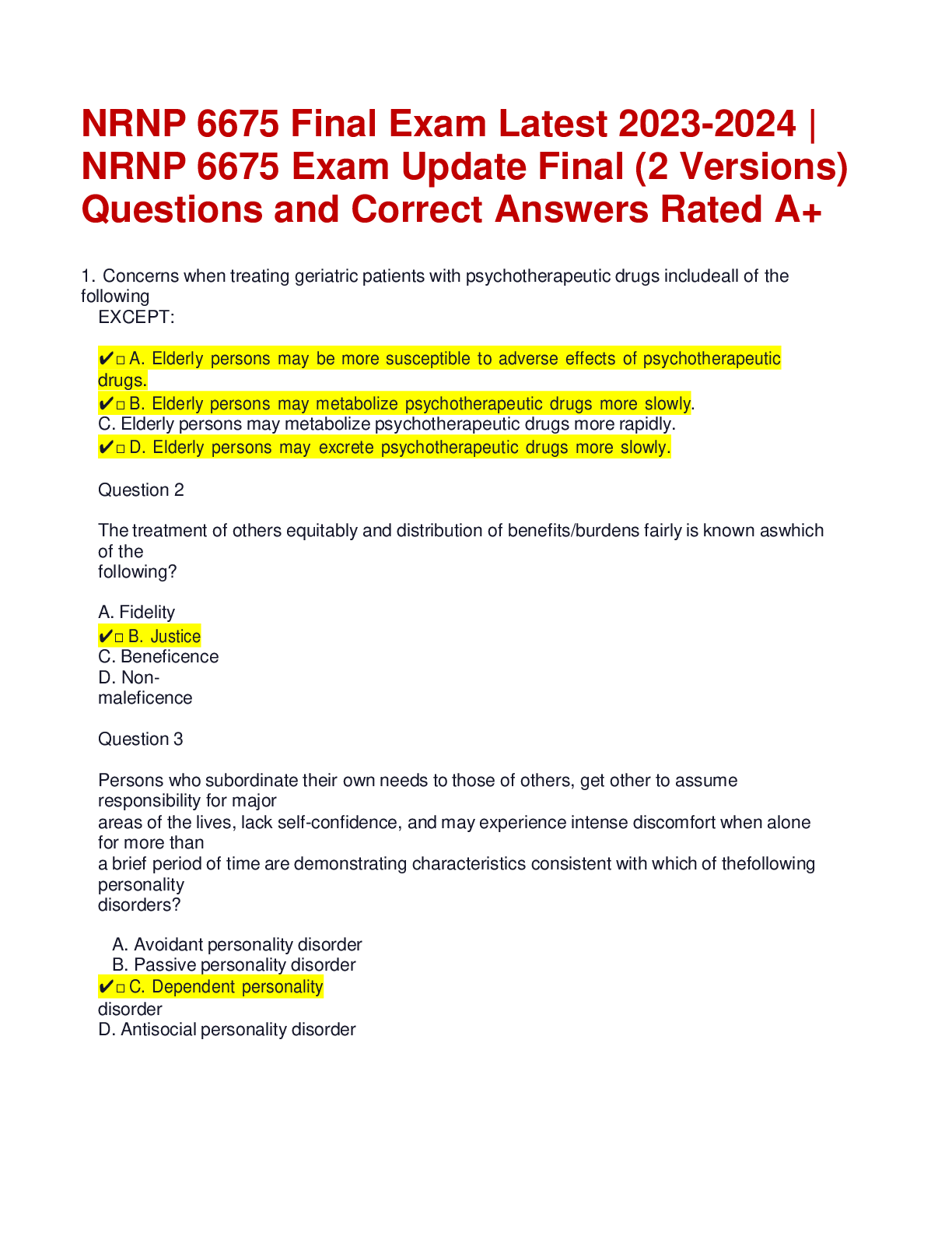 Preview of NRNP 6675 Final Exam Latest 2023-2024 |  NRNP 6675 Exam Update Final (2 Versions) Questions and Correct Answers Rated A+