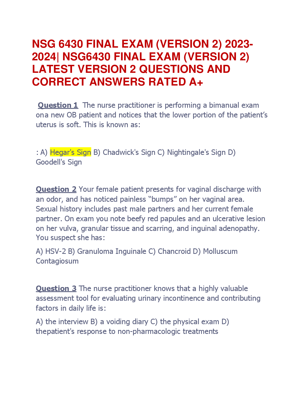 NSG 6430 FINAL EXAM (VERSION 2) 2023- 2024| NSG6430 FINAL EXAM (VERSION 2)  LATEST VERSION 2 QUESTIONS AND  CORRECT ANSWERS RATED A+