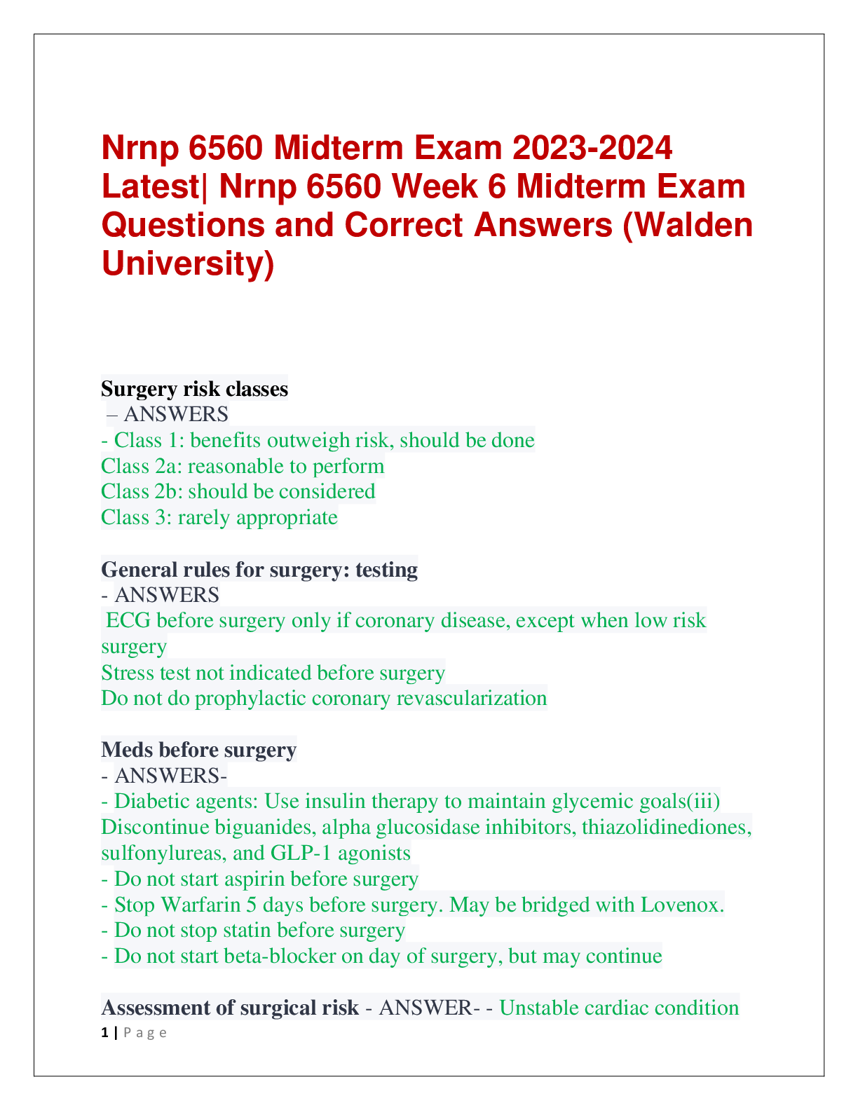 Recommended document preview for Nrnp 6560 Midterm Exam 2023-2024  Latest| Nrnp 6560 Week 6 Midterm Exam  Questions and Correct Answers (Walden  University)