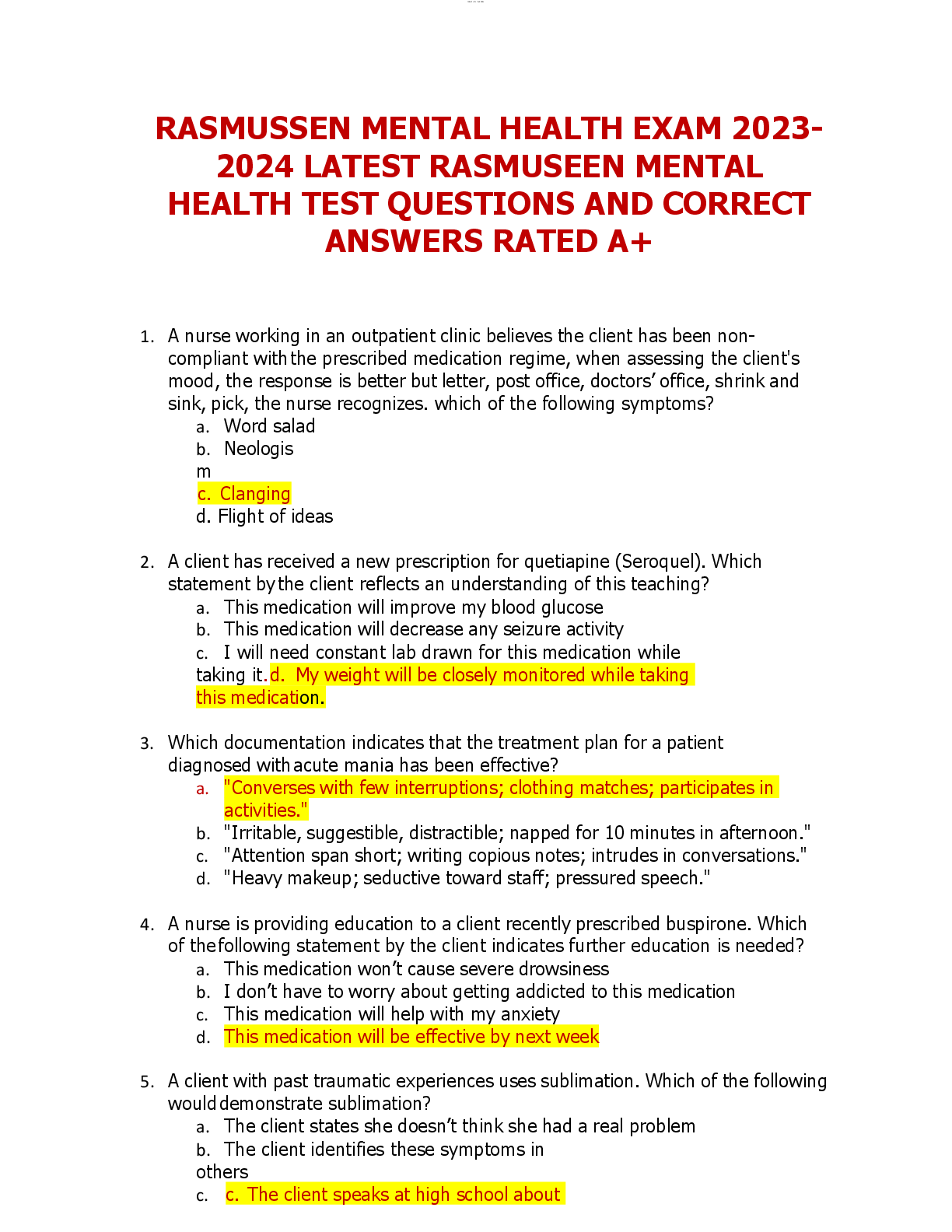 Preview of RASMUSSEN MENTAL HEALTH EXAM 2023- 2024 LATEST RASMUSEEN MENTAL  HEALTH TEST QUESTIONS AND
