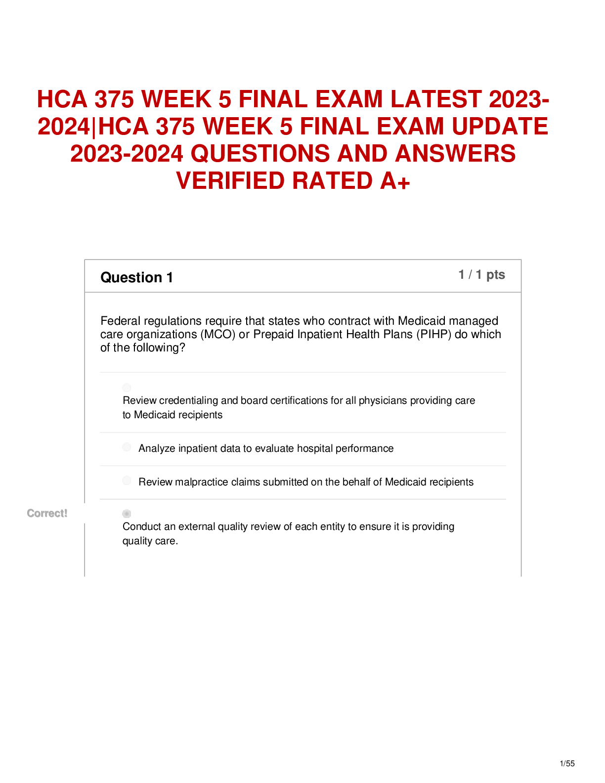 Preview of HCA 375 WEEK 5 FINAL EXAM LATEST 2023- 2024|HCA 375 WEEK 5 FINAL EXAM UPDATE  2023-2024 QU