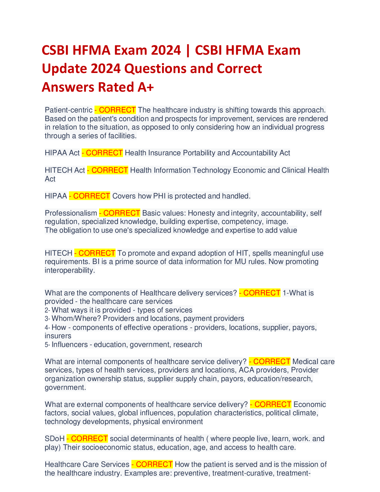 Preview of CSBI HFMA Exam 2024 | CSBI HFMA Exam  Update 2024 Questions and Correct Answers Rated A+
