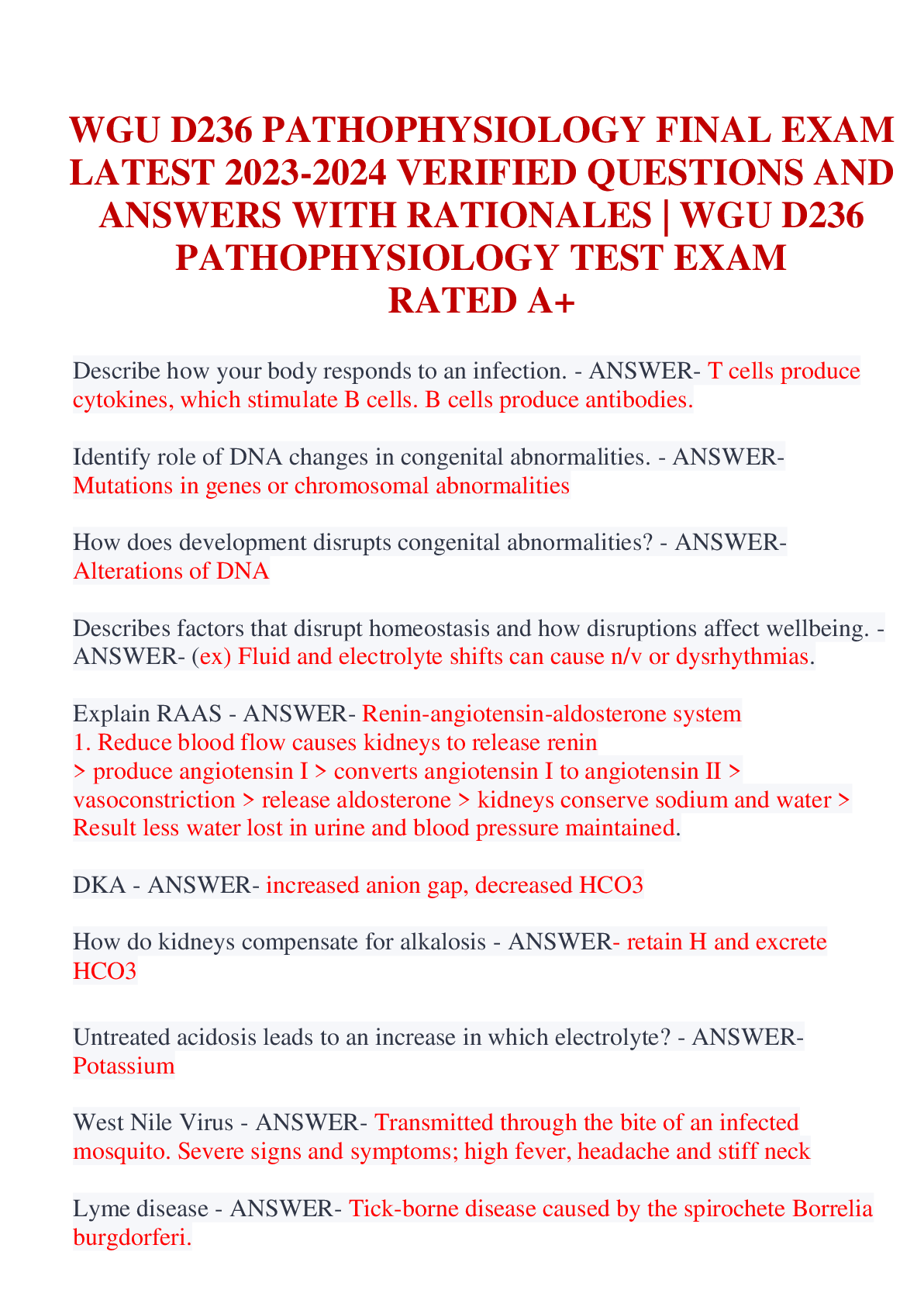Recommended document preview for WGU D236 PATHOPHYSIOLOGY FINAL EXAM LATEST 2023-2024 VERIFIED QUESTIONS AND  ANSWERS WITH RATIONALES | WGU D236 PATHOPHYSIOLOGY TEST EXAM RATED A+