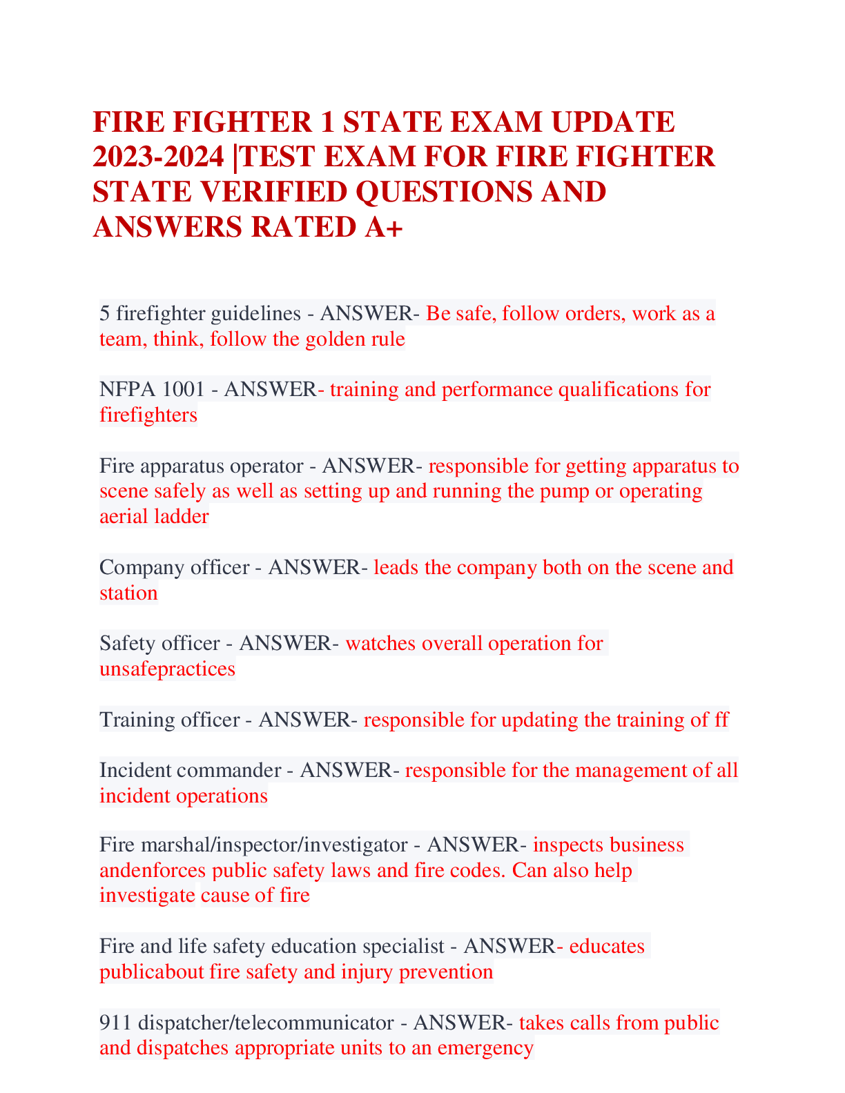 Preview of FIRE FIGHTER 1 STATE EXAM UPDATE  2023-2024 |TEST EXAM FOR FIRE FIGHTER STATE VERIFIED QUE