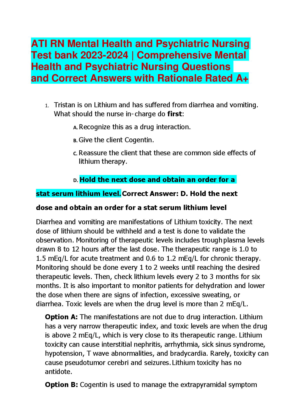 Recommended document preview for ATI RN Mental Health and Psychiatric Nursing  Test bank 2023-2024 | Comprehensive Mental  Health and Psychiatric Nursing Questions  and Correct Answers with Rationale Rated A+