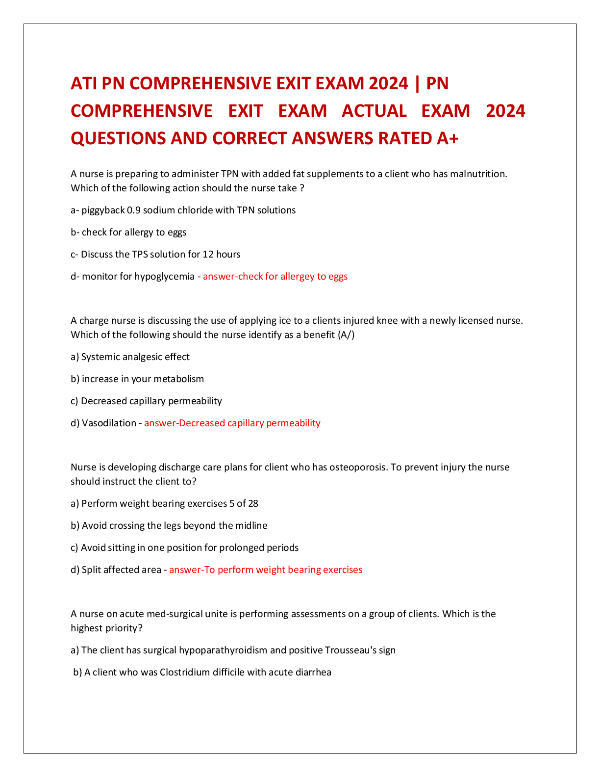 ATI PN COMPREHENSIVE EXIT EXAM 2024 | PN COMPREHENSIVE EXIT EXAM ACTUAL EXAM 2024 QUESTIONS AND CORRECT ANSWERS RATED A+