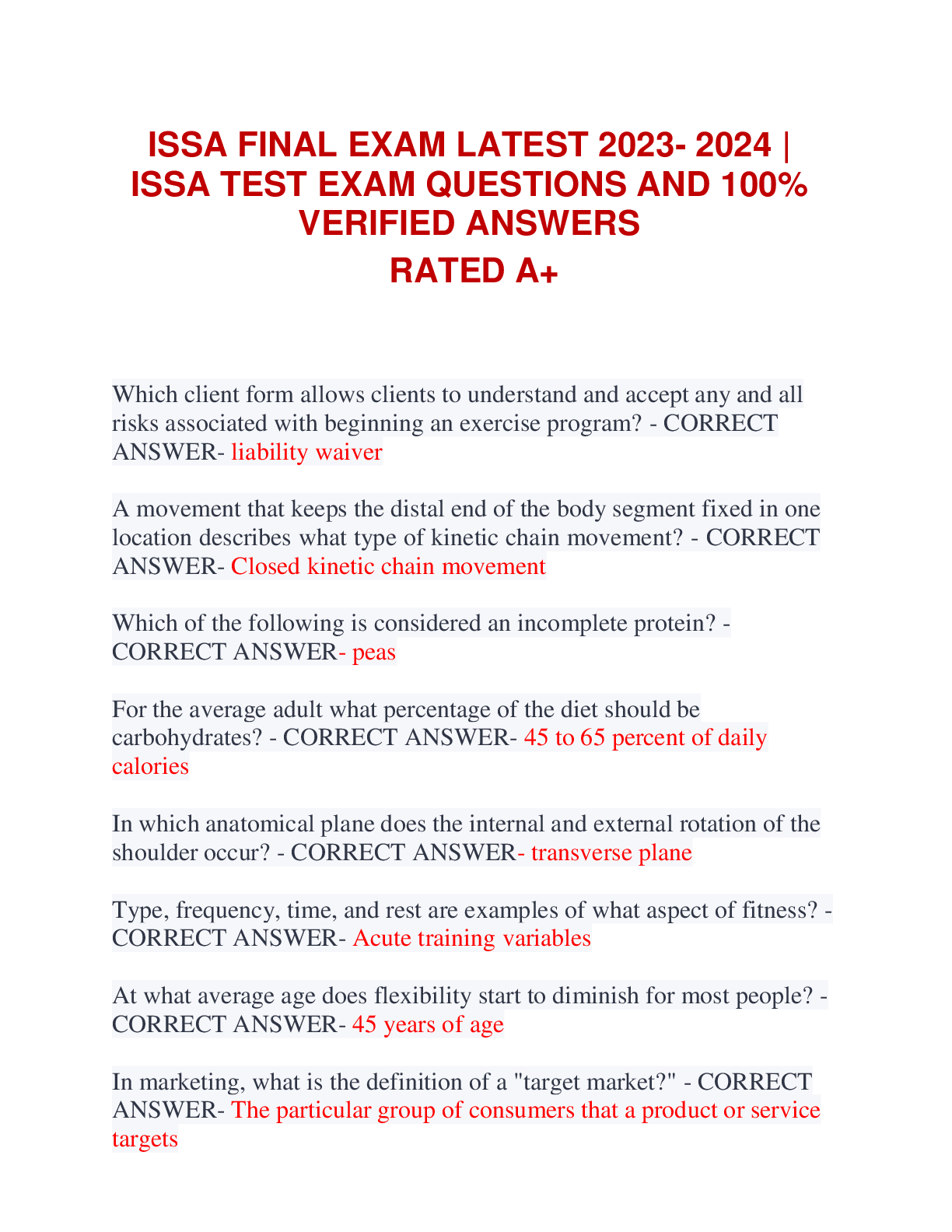 ISSA FINAL EXAM LATEST 2023- 2024 |  ISSA TEST EXAM QUESTIONS AND 100% VERIFIED ANSWERS RATED A+