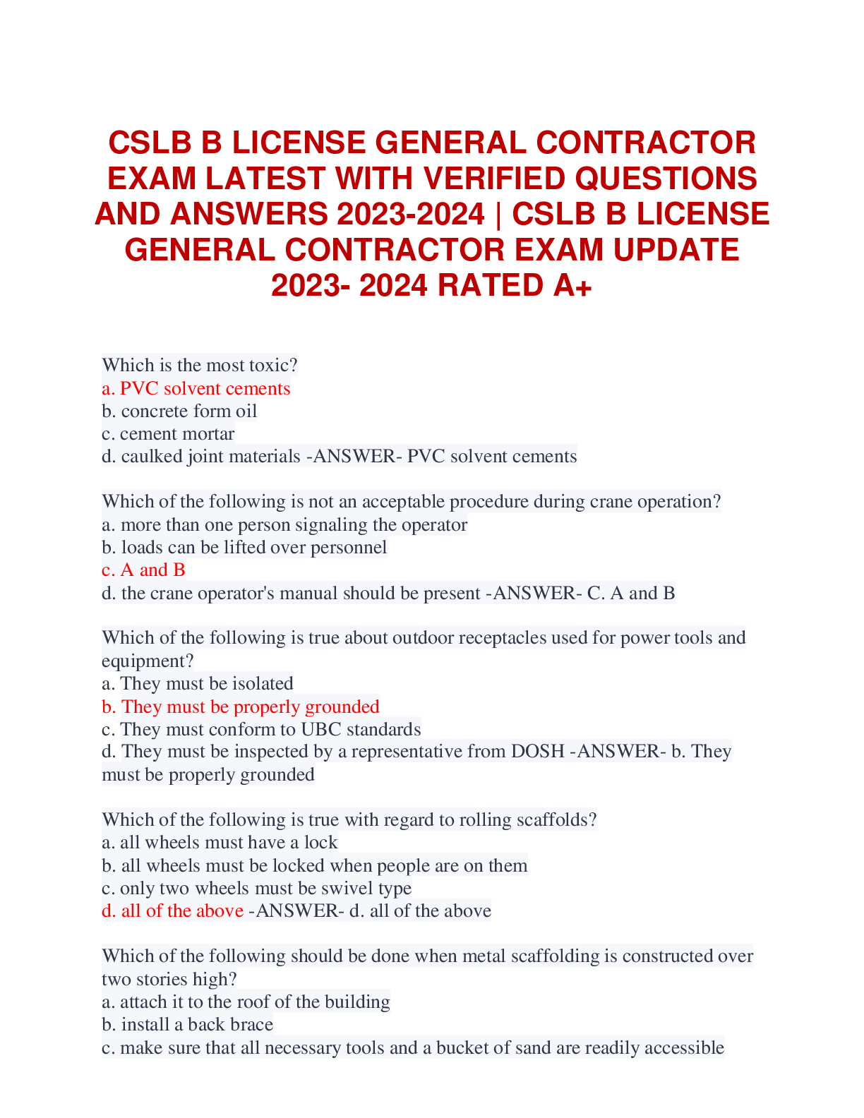 CSLB B LICENSE GENERAL CONTRACTOR EXAM LATEST WITH VERIFIED QUESTIONS AND ANSWERS 2023-2024 | CSLB B LICENSE GENERAL CONTRACTOR EXAM UPDATE 2023- 2024 RATED A+