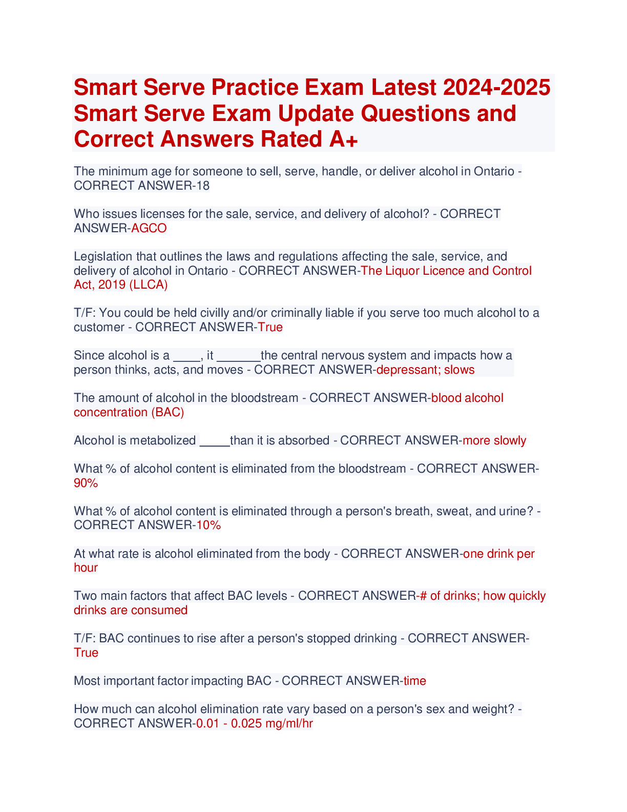 Preview of Smart Serve Practice Exam Latest 2024-2025  Smart Serve Exam Update Questions and  Correct