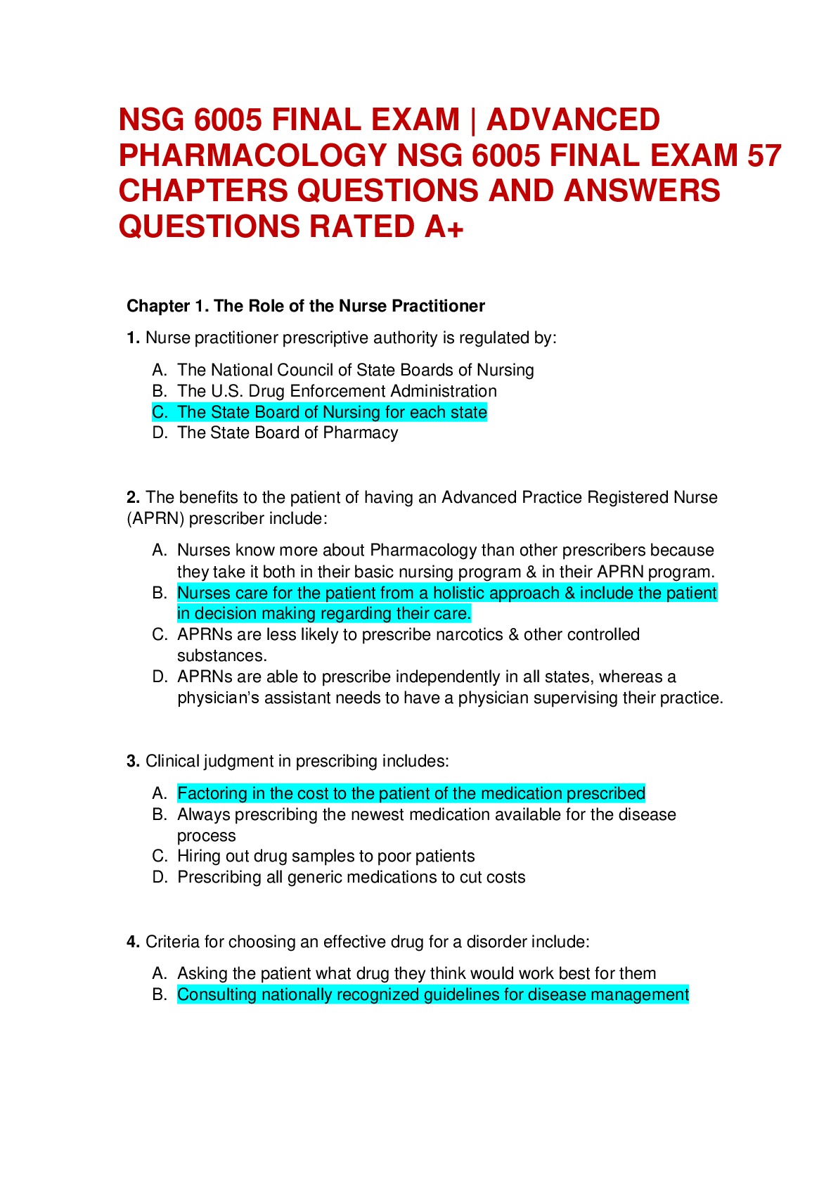 Preview of NSG 6005 FINAL EXAM | ADVANCED  PHARMACOLOGY NSG 6005 FINAL EXAM 57  CHAPTERS QUESTIONS AN