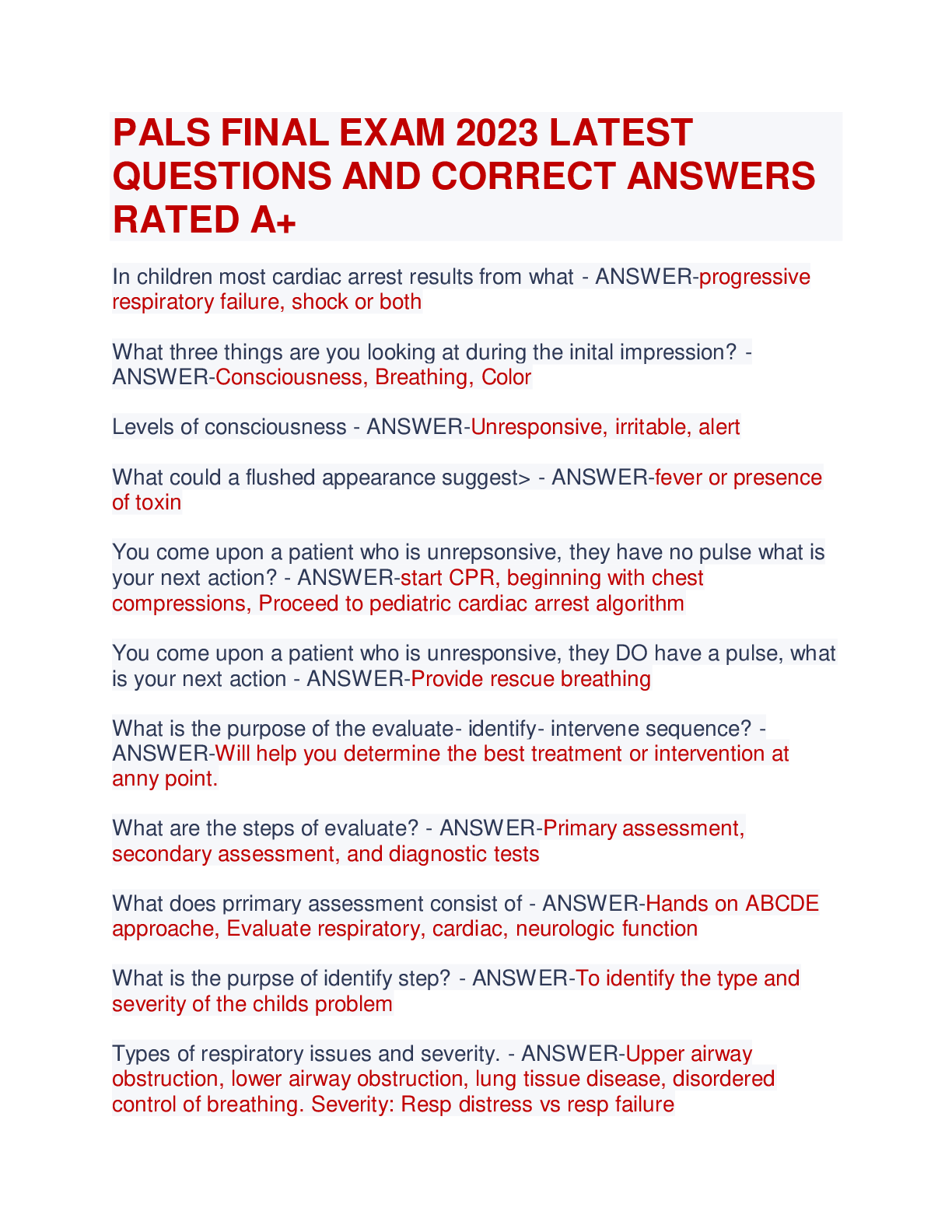 PALS FINAL EXAM 2023 LATEST QUESTIONS AND CORRECT ANSWERS RATED A+