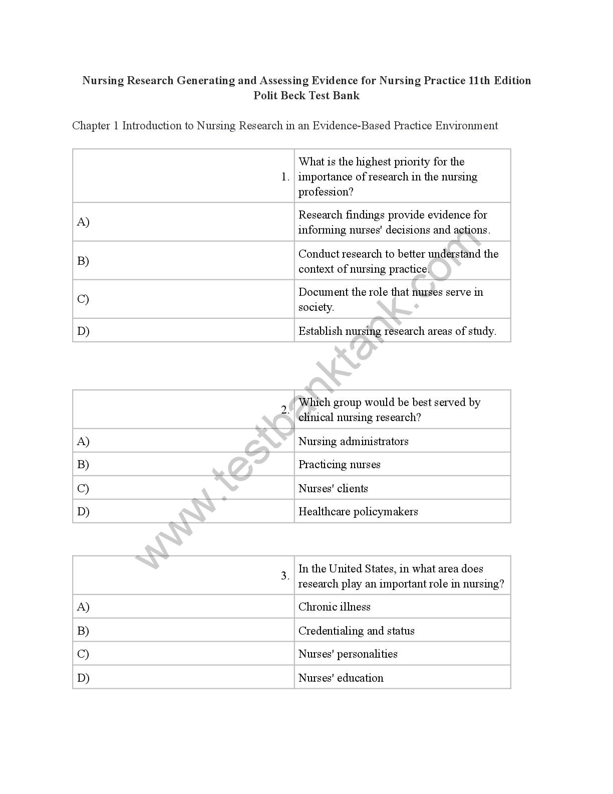 Preview image for Test Bank for Nursing Research Generating and Assessing Evidence for Nursing Practice 11th Edition By Denise Polit