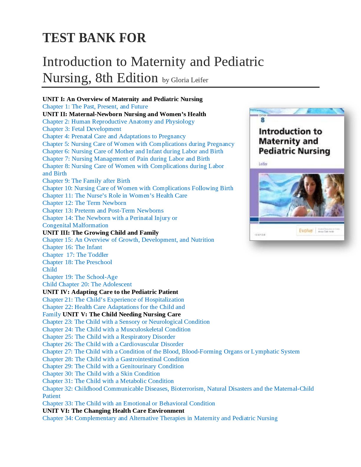 Preview image for The test bank for the 8th Edition of "Introduction to Maternity and Pediatric Nursing" by Gloria Leifer offers a robust collection of questions and answers