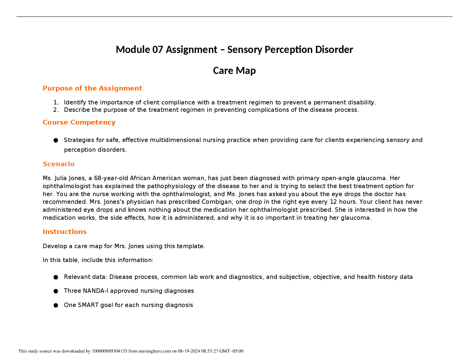 Preview image for NUR2356 Module 07 Assignment v23 – Sensory Perception Disorder Care Map · Institution · Chamberlain College Of Nursng.
