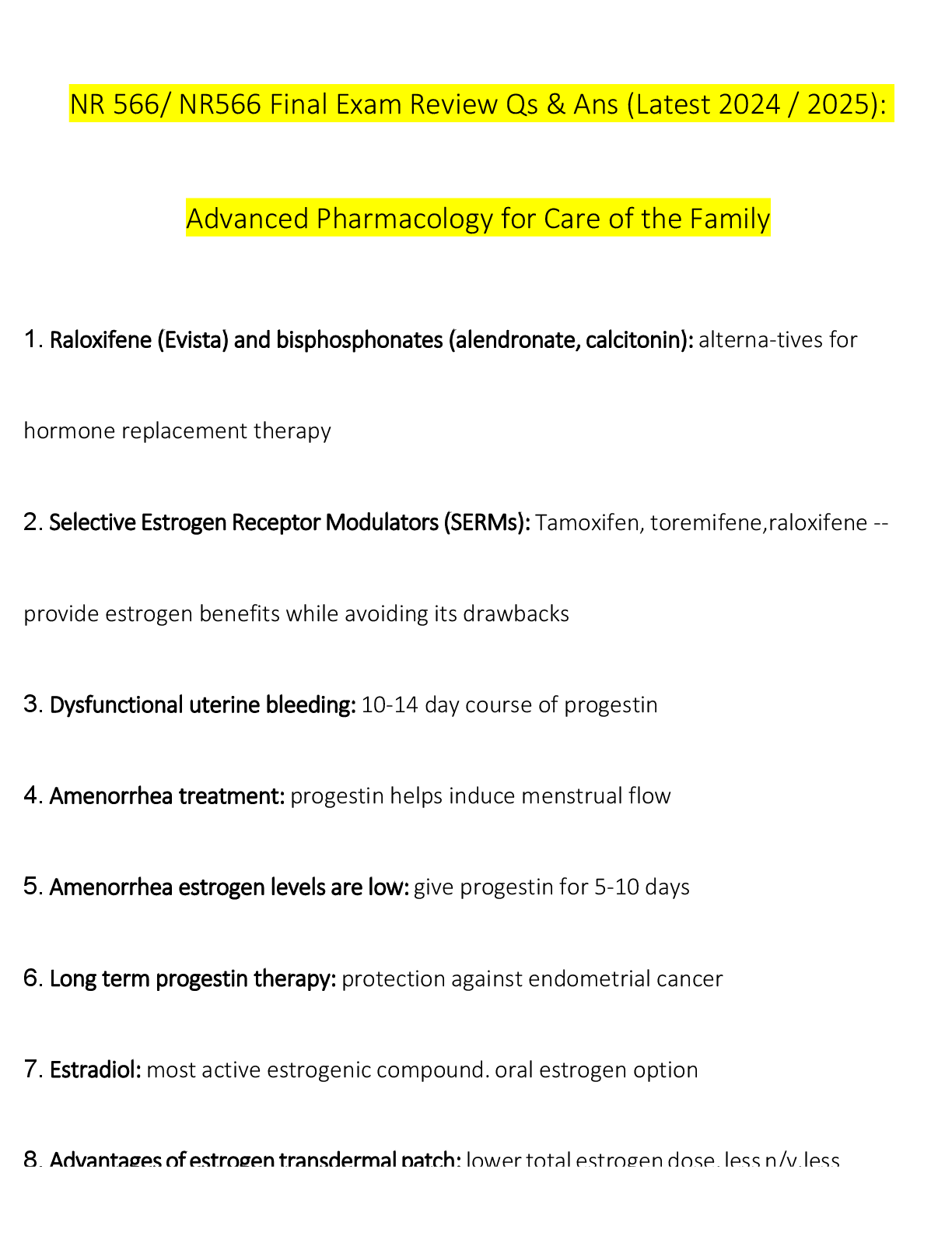 Preview image for NR 566/ NR566 Final Exam Review Qs & Ans (Latest 2024 / 2025): Advanced Pharmacology for Care of the Family