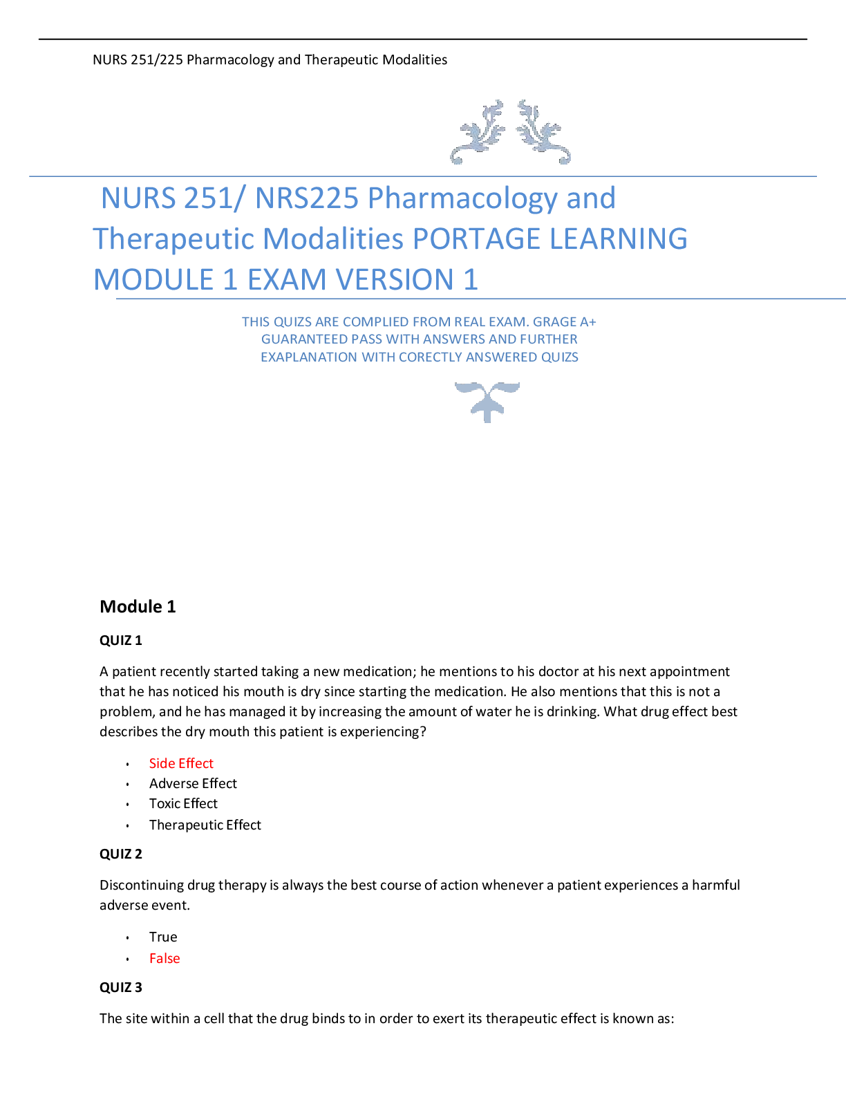 Preview image for NURS 251/ NRS225 Pharmacology and Therapeutic Modalities PORTAGE LEARNING MODULE 1 EXAM VERSION 1