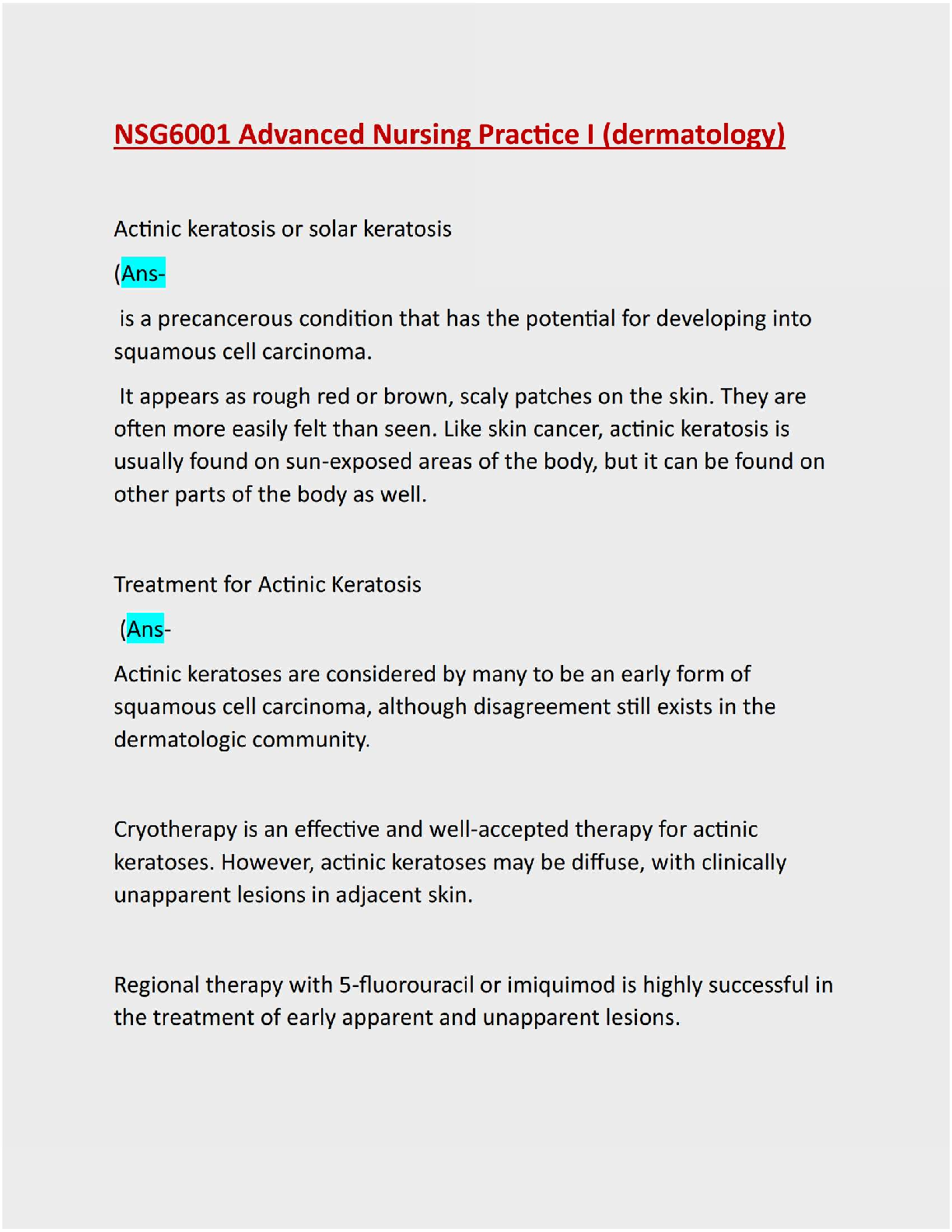 Preview image for NSG6001/NSG6001: Advanced Nursing Practice I (dermatology): Updated Solution