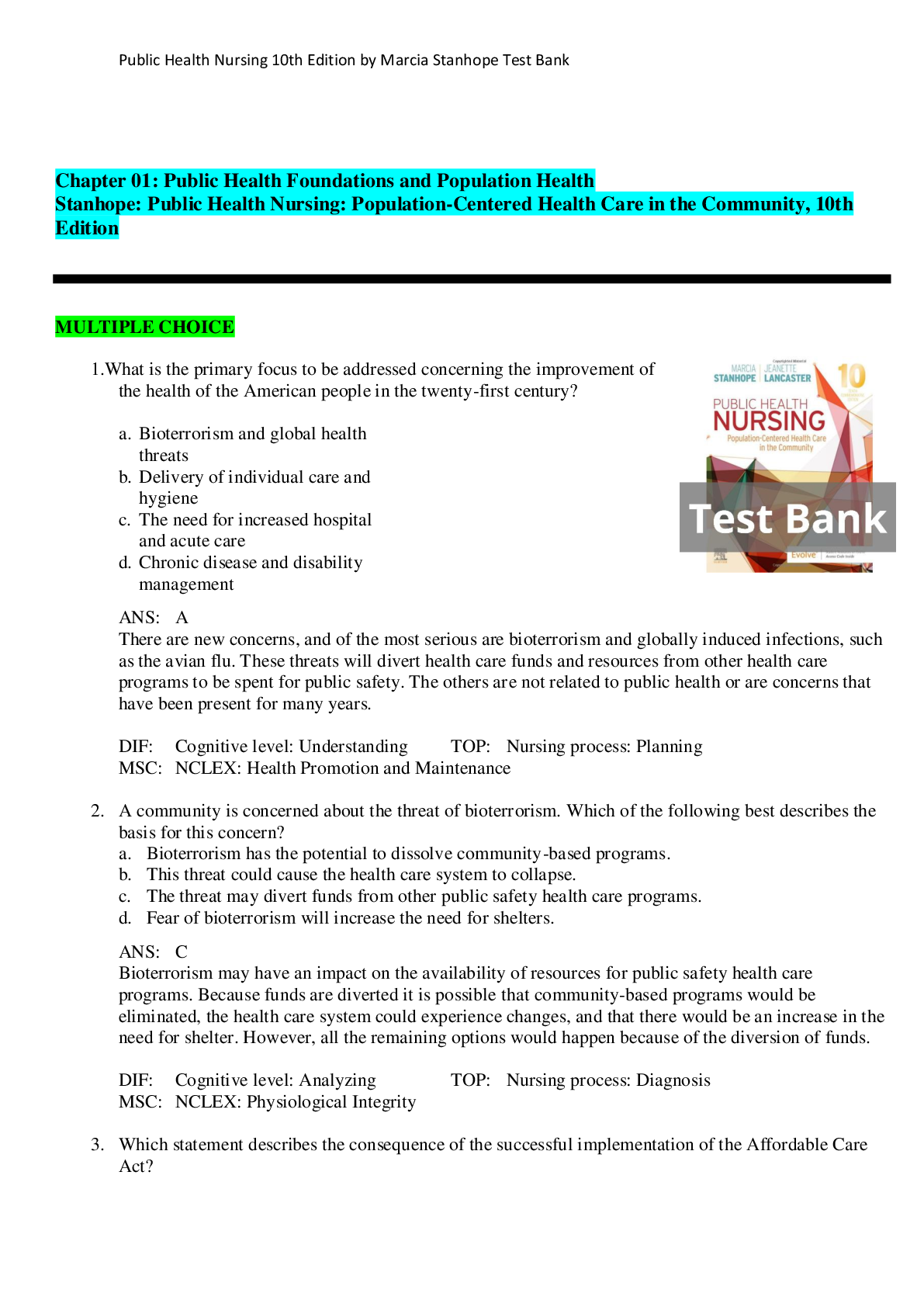 Preview image for Test Bank for Public Health Nursing 10th Edition by Marcia Stanhope