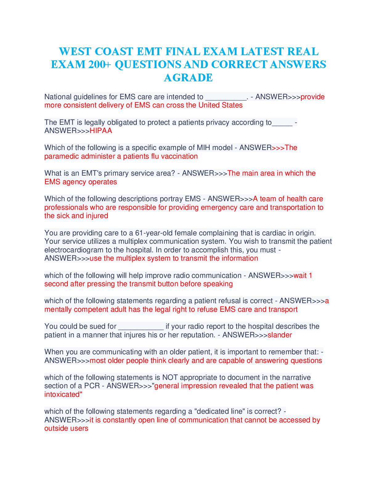 Preview image for WEST COAST EMT FINAL EXAM LATEST REAL EXAM 200+ QUESTIONS AND CORRECT ANSWERS AGRADE