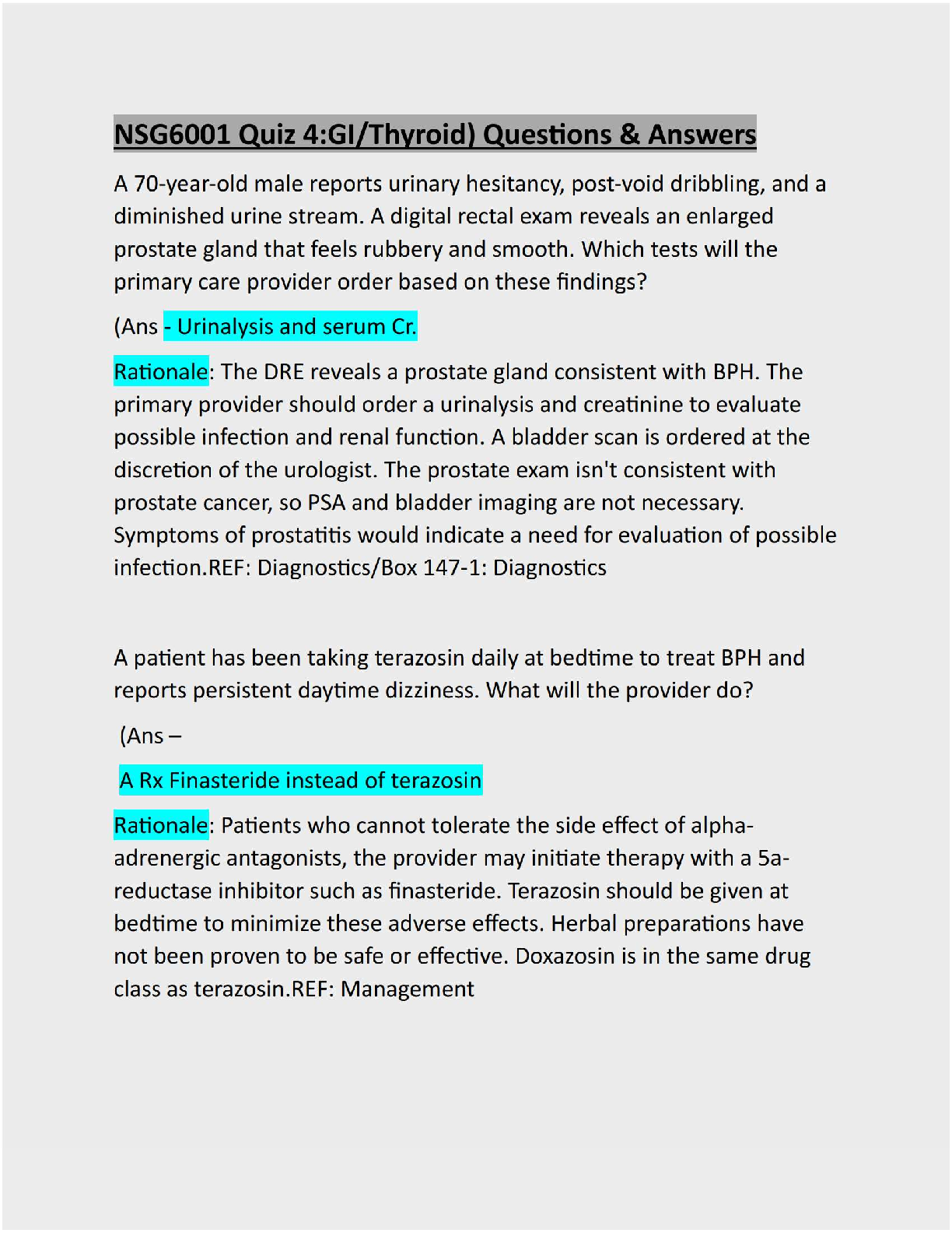 Preview image for NSG6001 Quiz 4:GI/Thyroid: Questions & Answers: Latest Updated : Guaranteed A+ Sco