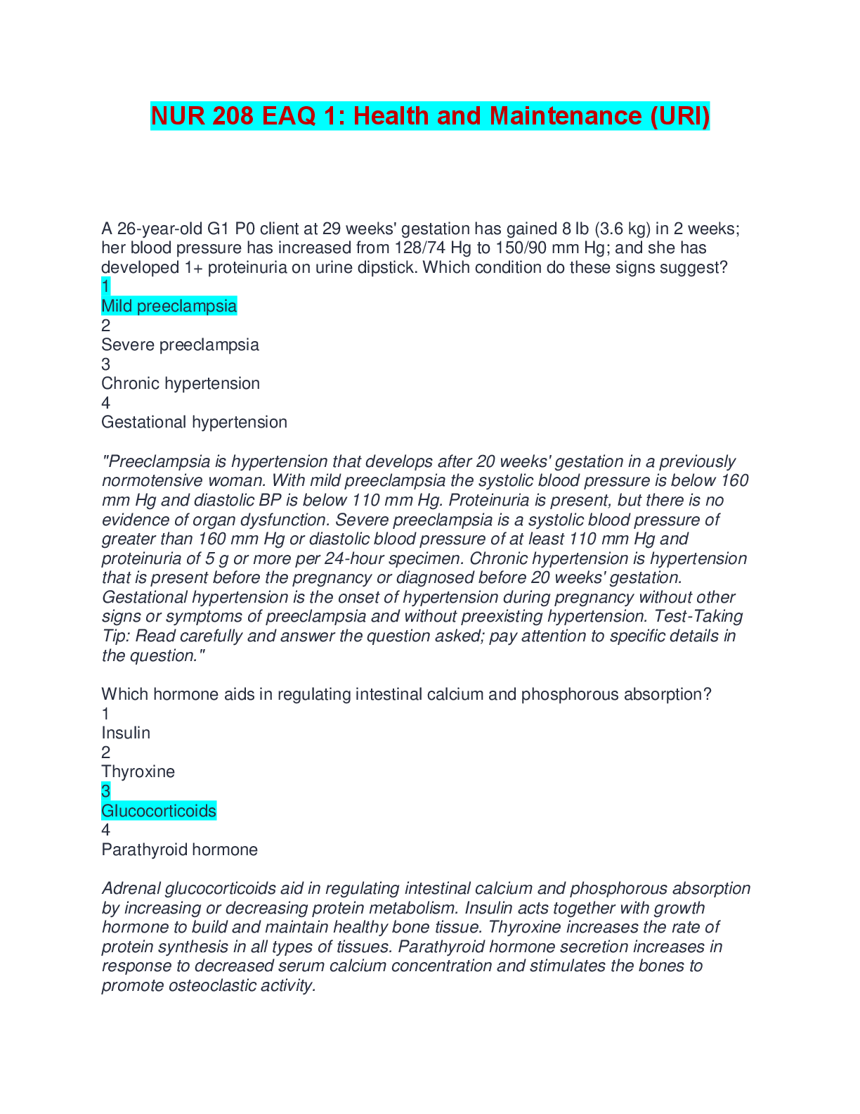 NUR 208 EAQ 1: Health and Maintenance (URI) | Answered with Rationales