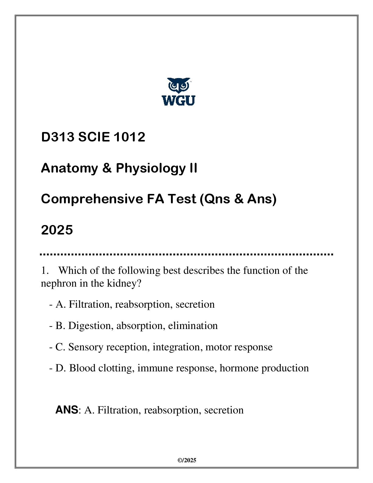 Preview image for SCIE 1012 (WGU D313) Anatomy & Physiology II FA Review (Qns & Ans) 2025