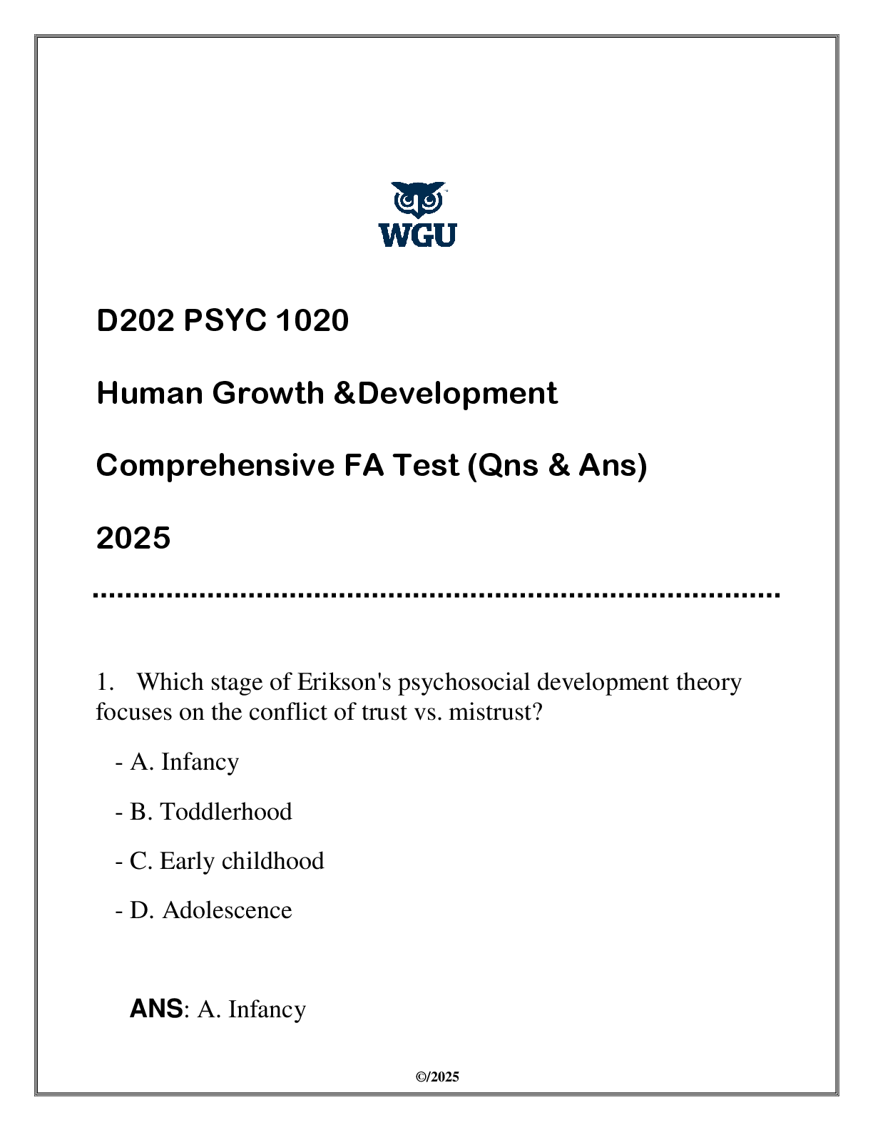 Preview image for PSYC 1020 (WGU D202) Human Growth & Development FA Review (Qns & Ans) 2025