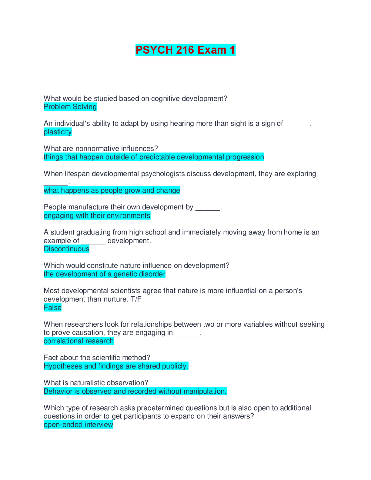 Preview of PSYCH 216 Exam 1 | Questions and Answers