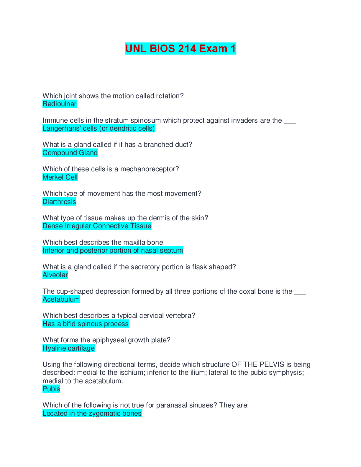 UNL BIOS 214 Exam 1 | Questions with Verified Answers | ScholarFriends