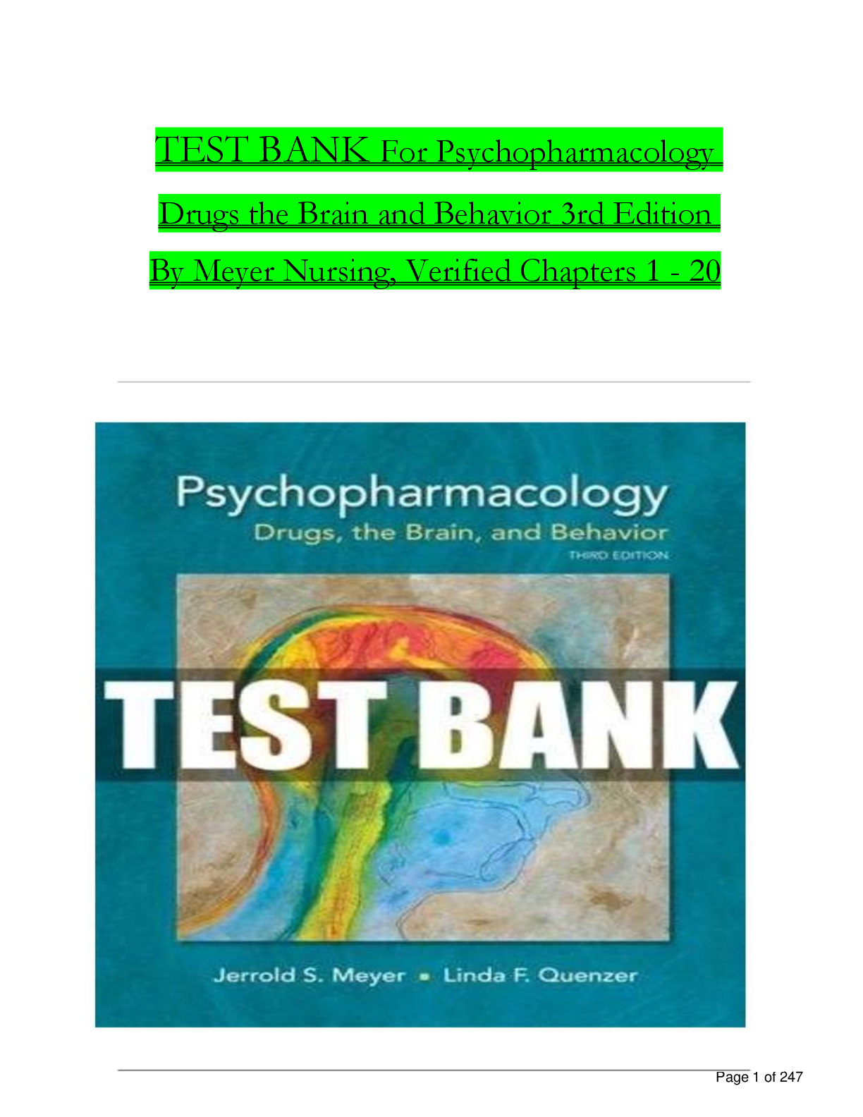 Preview image for TEST BANK For Psychopharmacology Drugs the Brain and Behavior 3rd Edition By Meyer Nursing, Verified Chapters 1 - 20