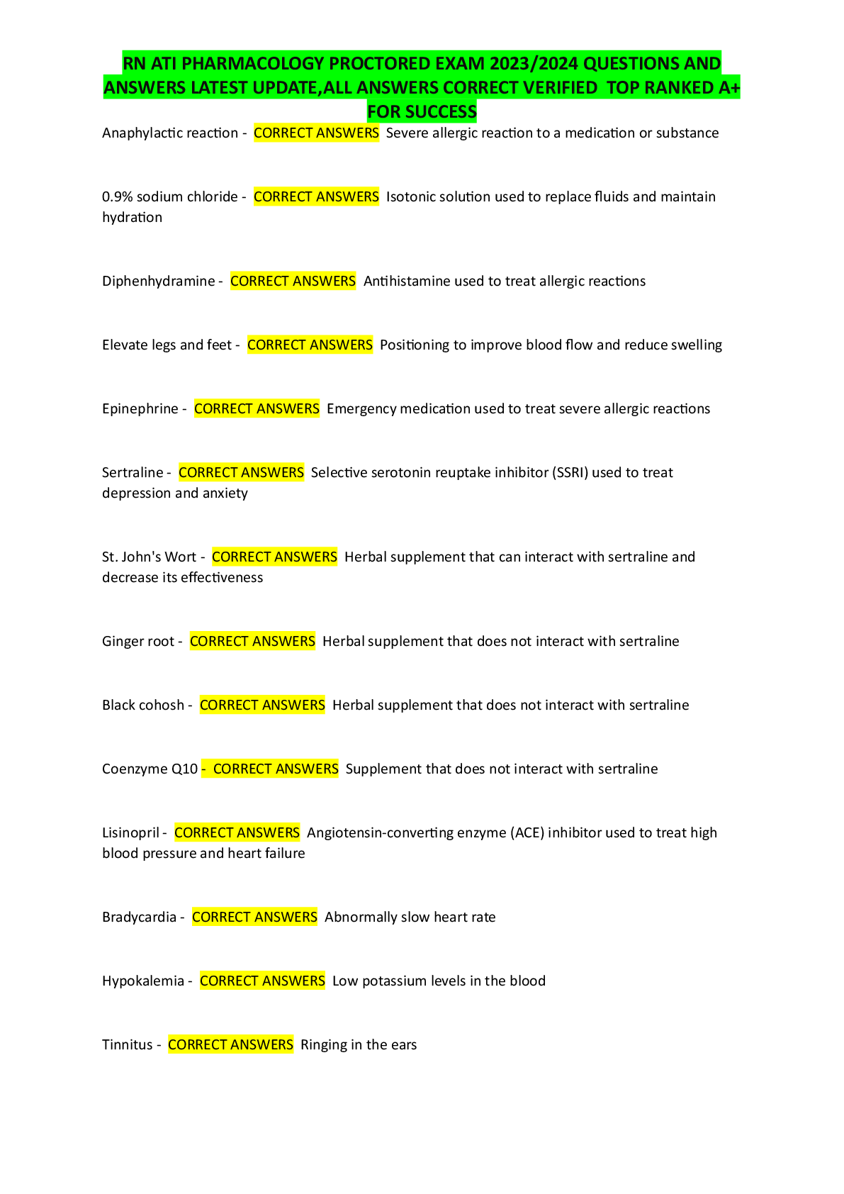 Preview of RN ATI PHARMACOLOGY PROCTORED EXAM 2023-2024 QUESTIONS AND ANSWERS LATEST UPDATE,ALL ANSWE