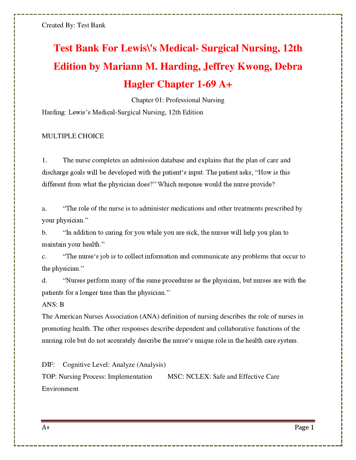 Preview image for Test Bank For Lewis's Medical- Surgical Nursing, 12th Edition by Mariann M. Harding, Jeffrey Kwong