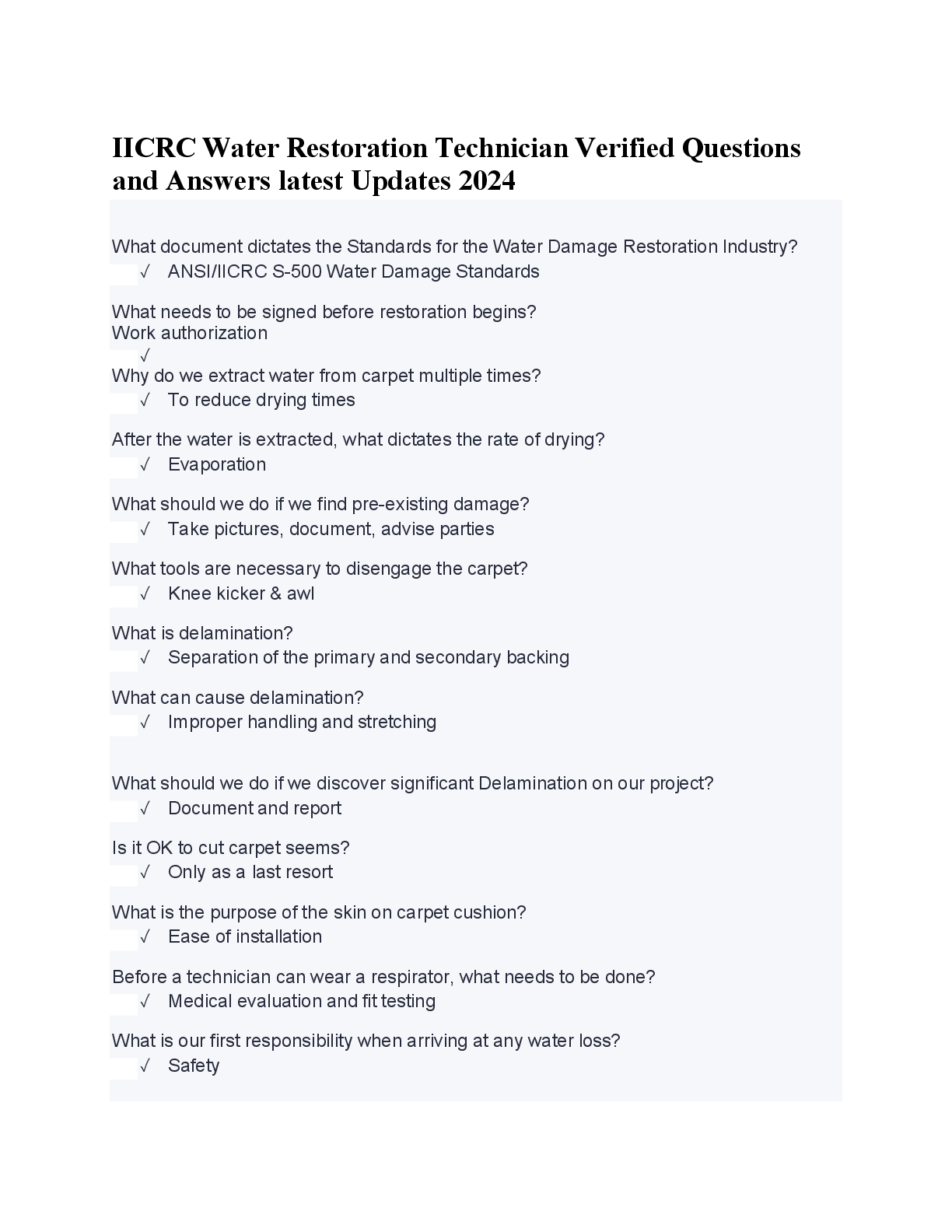 Preview image for IICRC Water Restoration Technician Verified Questions and Answers latest Updates 2024