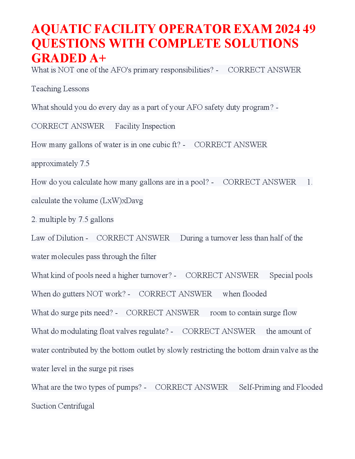 Preview image for Aquatic Facility Operator Exam 49 Questions and Answers 2024! 100% CORRECT ANSWERS