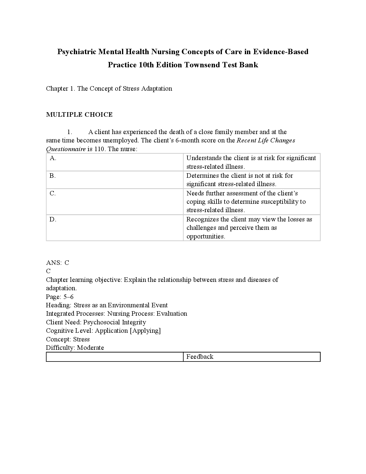 Preview image for Test Bank for Psychiatric Mental Health Nursing Concepts of Care in Evidence-Based Practice 10th Edition Townsend