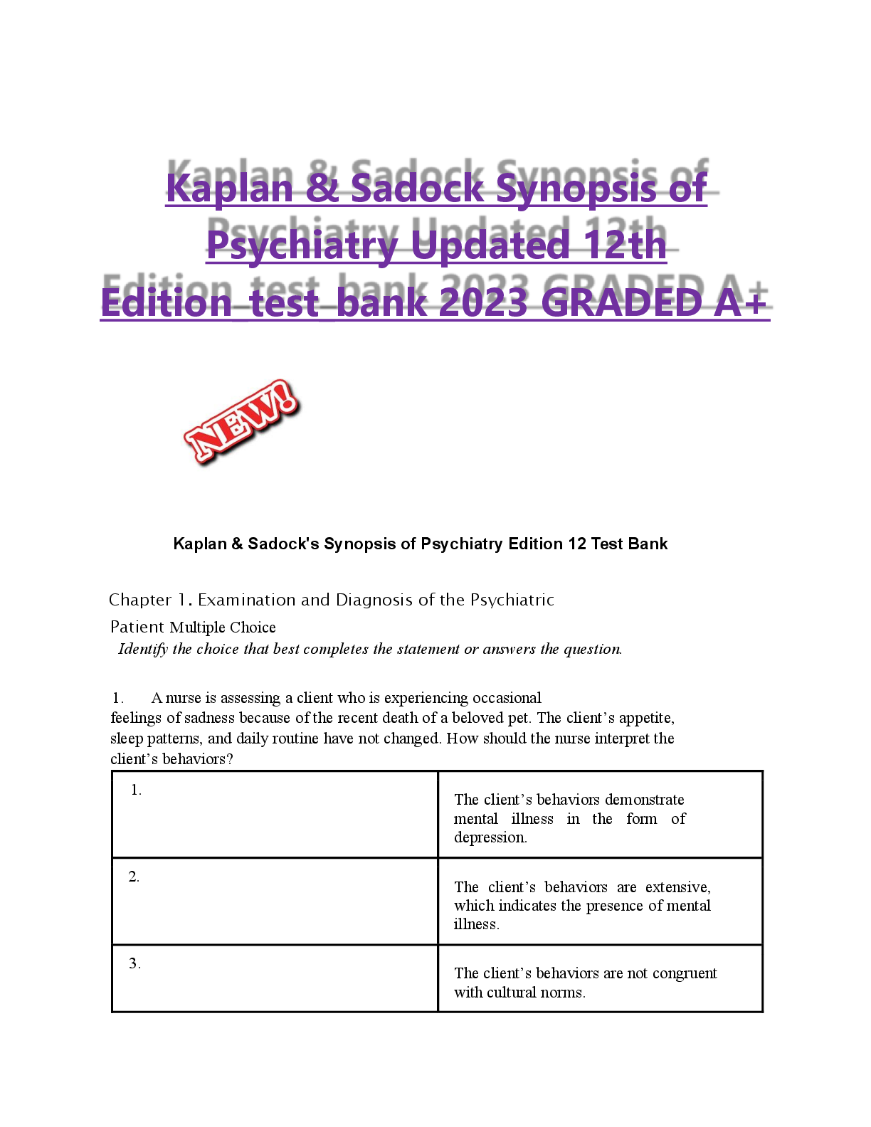 Preview image for Test Bank for Kaplan and Sadocks Synopsis of Psychiatry Edition 12 All Chapters with Answers and Rationals Latest Update 2025