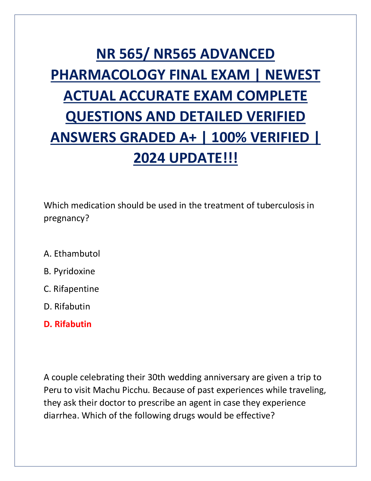 Preview image for NR 565/ NR565 ADVANCED PHARMACOLOGY FINAL EXAM | NEWEST ACTUAL ACCURATE EXAM COMPLETE QUESTIONS AND DETAILED VERIFIED ANSWERS GRADED A+ | 100% VERIFIED | 2024 UPDATE!!