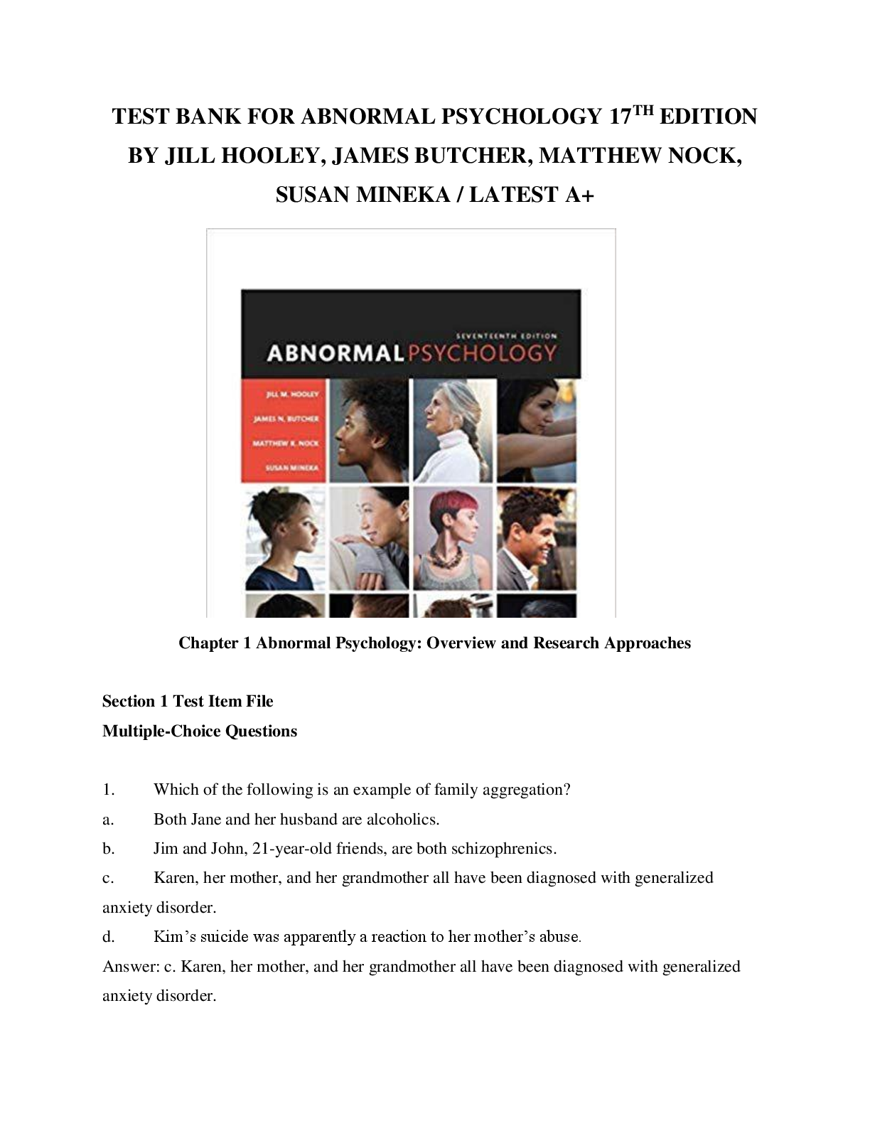 Preview image for TEST BANK FOR ABNORMAL PSYCHOLOGY 17TH EDITION BY JILL HOOLEY, JAMES BUTCHER, MATTHEW NOCK, SUSAN MINEKA / LATEST A+