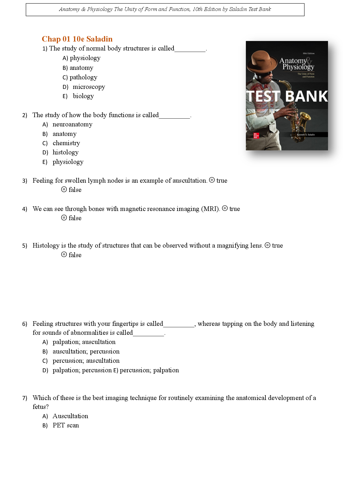 Preview image for Anatomy physiology the unity of form and function 10th edition by saladin test bank