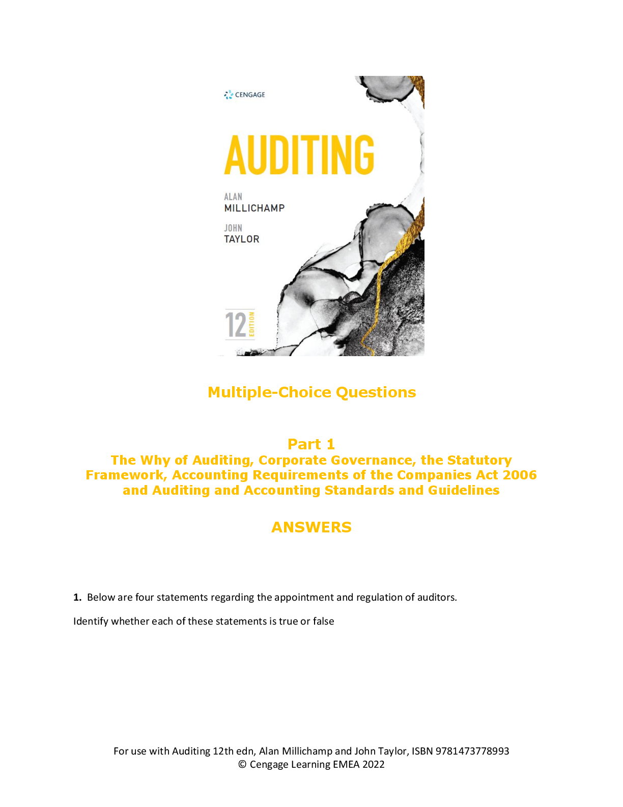 Preview of Test Bank for Auditing, 12th Edition John R. Taylor, Alan Millichamp