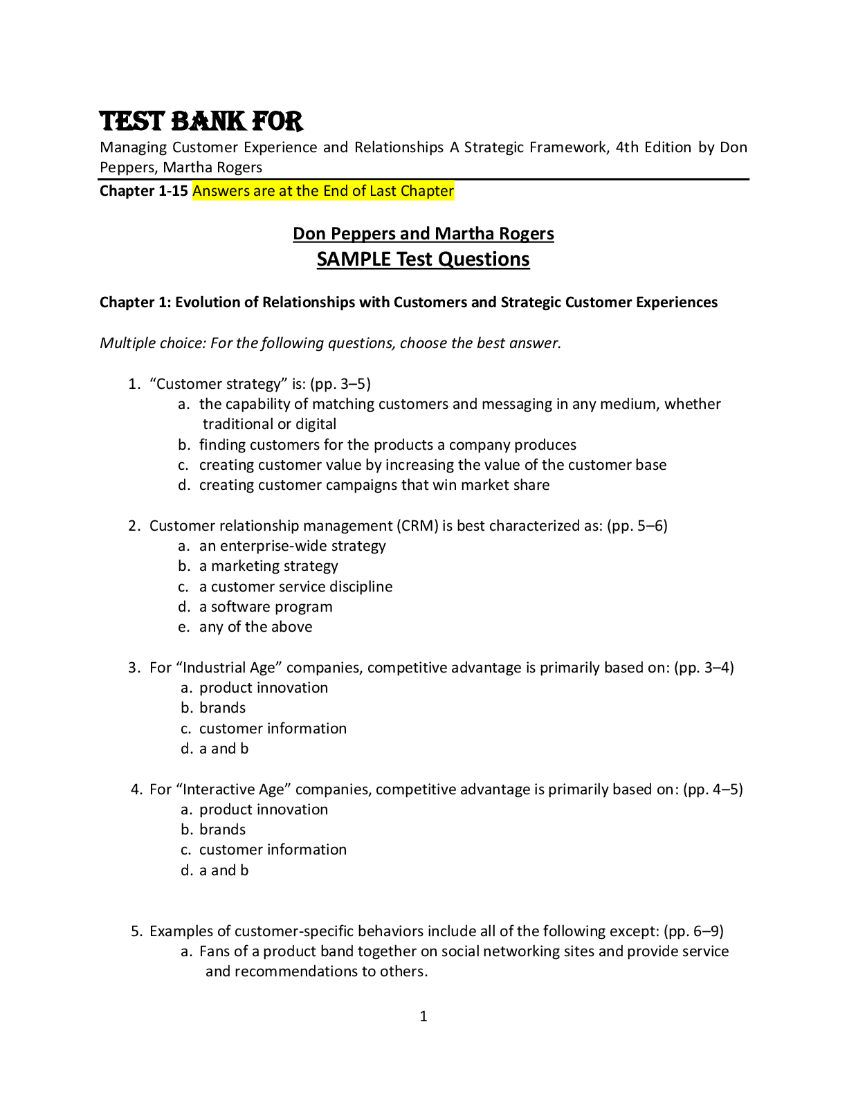 Preview of Test Bank For Managing Customer Experience and Relationships A Strategic Framework, 4th Edition by Don Peppers, Martha Rogers Chapter 1-15