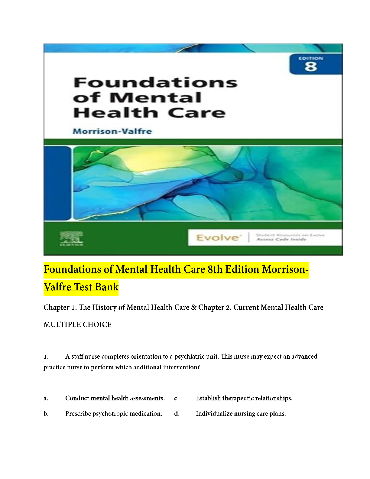 Preview image for Test Bank for Foundations of Mental Health Care, 8th Edition (Morrison-Valfre, 2023), Chapter 1-32 + Next-Generation NCLEX Case Studies with answers | All Chapters