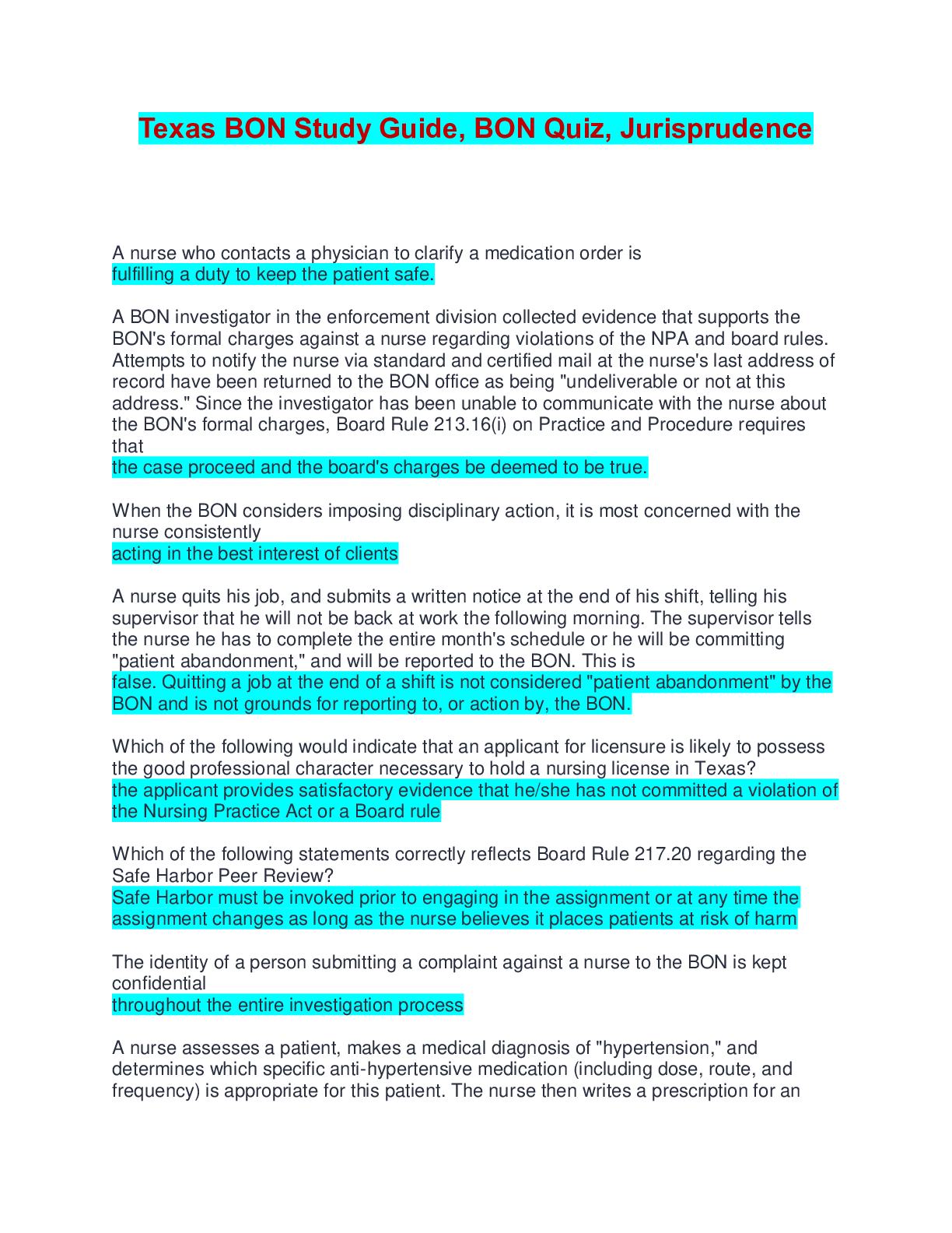 Preview of Texas BON Study Guide, BON Quiz, Jurisprudence Exam | Verified with 100% Correct Answers