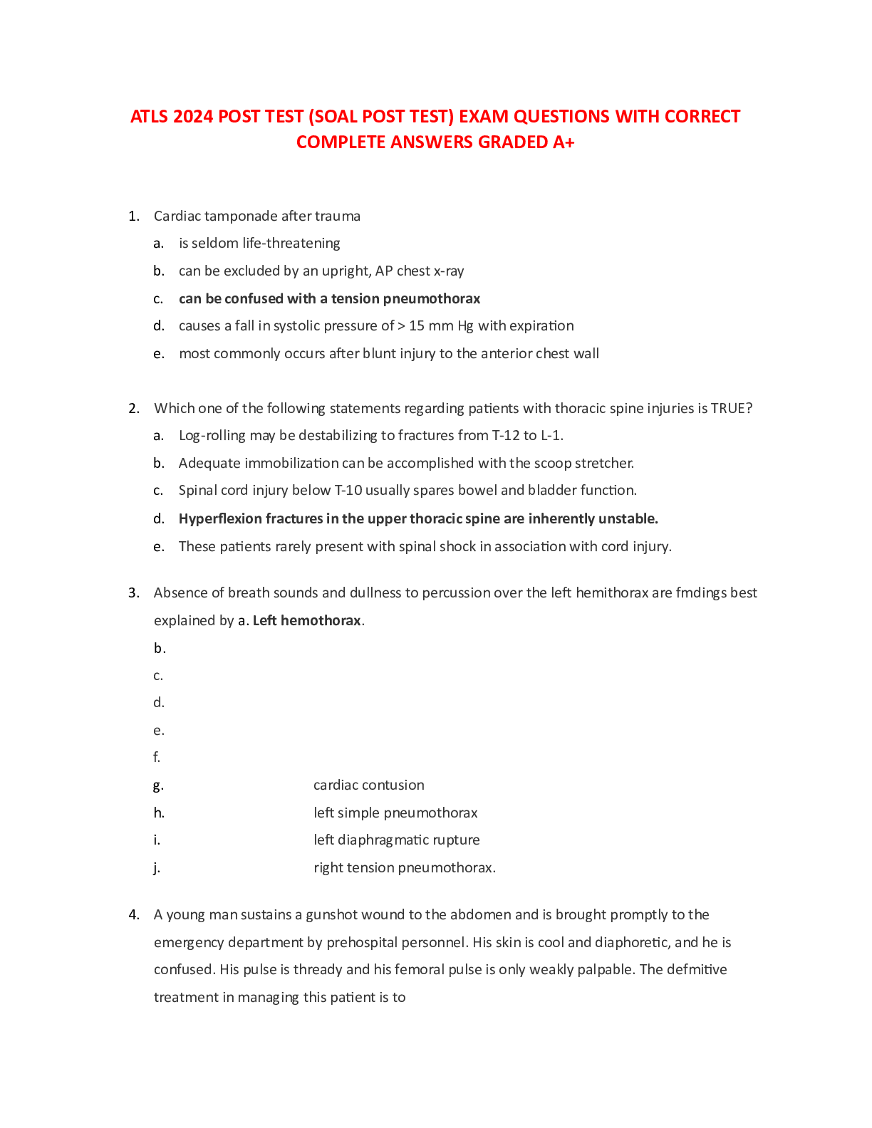 Preview image for ATLS 2024 POST TEST (SOAL POST TEST) EXAM QUESTIONS WITH CORRECT COMPLETE ANSWERS GRADED A+