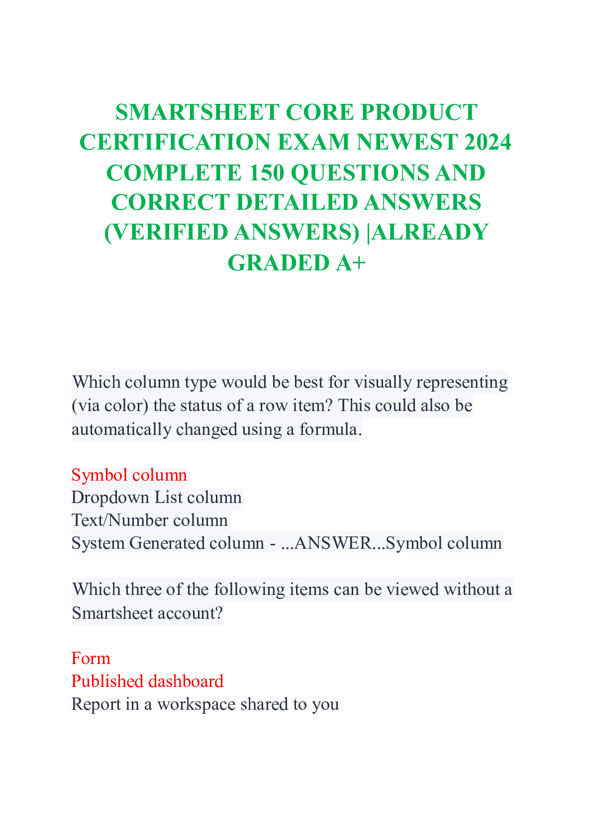 Preview image for SMARTSHEET CORE PRODUCT CERTIFICATION EXAM NEWEST 2024 COMPLETE 150 QUESTIONS AND CORRECT DETAILED ANSWERS