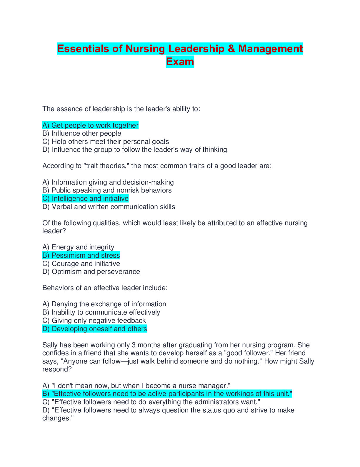 Preview of Essentials of Nursing Leadership &amp; Management Exam | Q &amp; A (Complete Solutions)