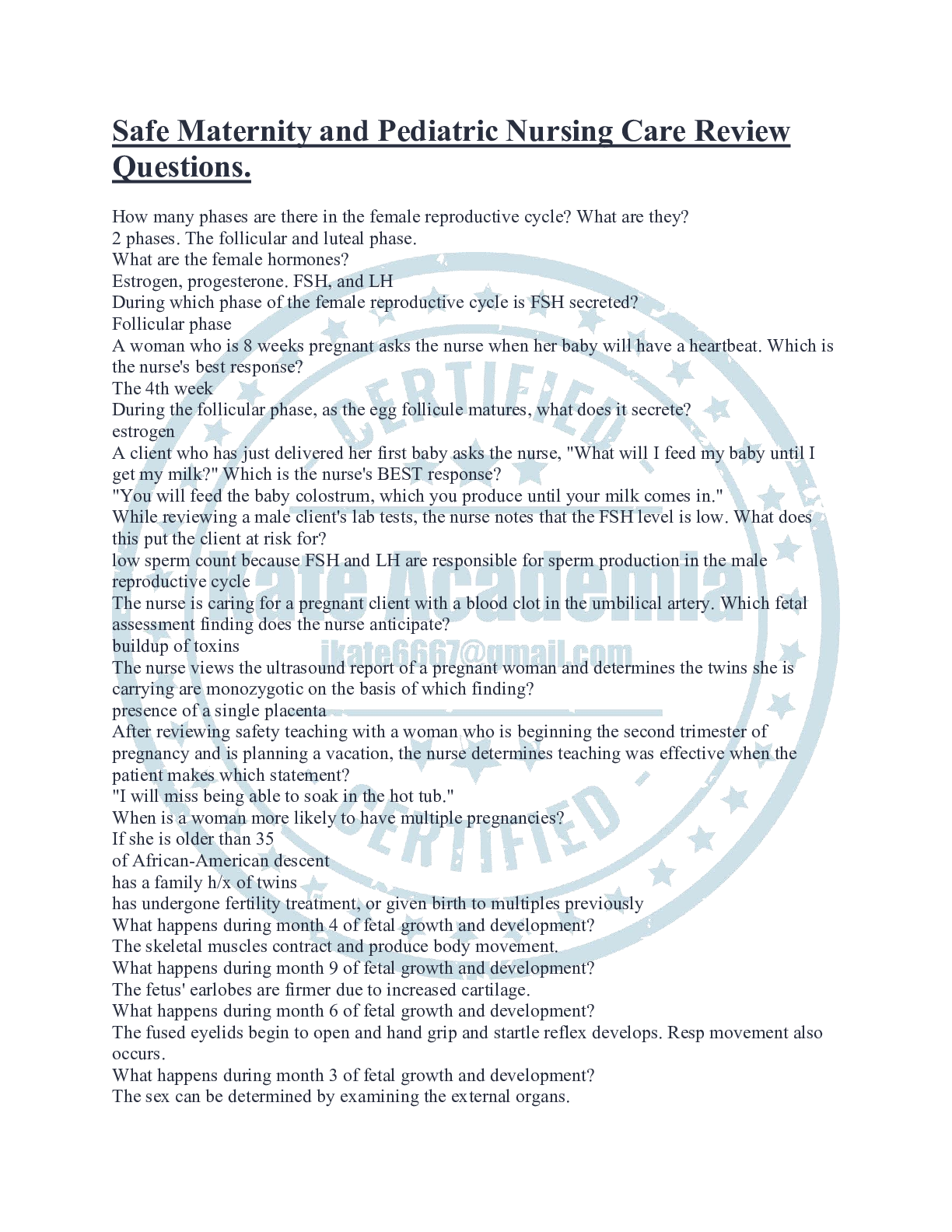 Preview image for Safe Maternity and Pediatric Nursing Care Review Questions.